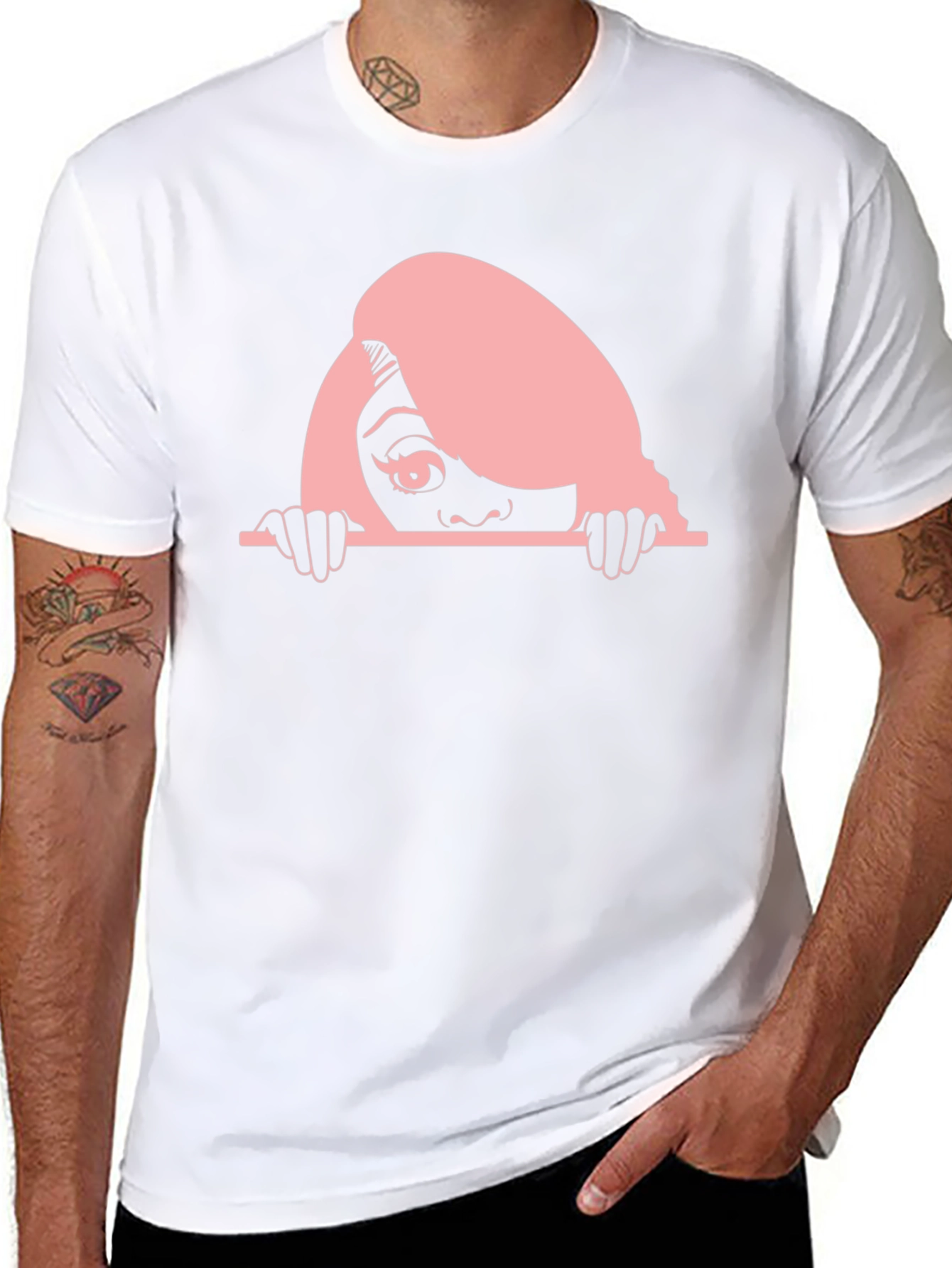 Peeking Woman Graphic Tee - Black Cotton T-Shirt