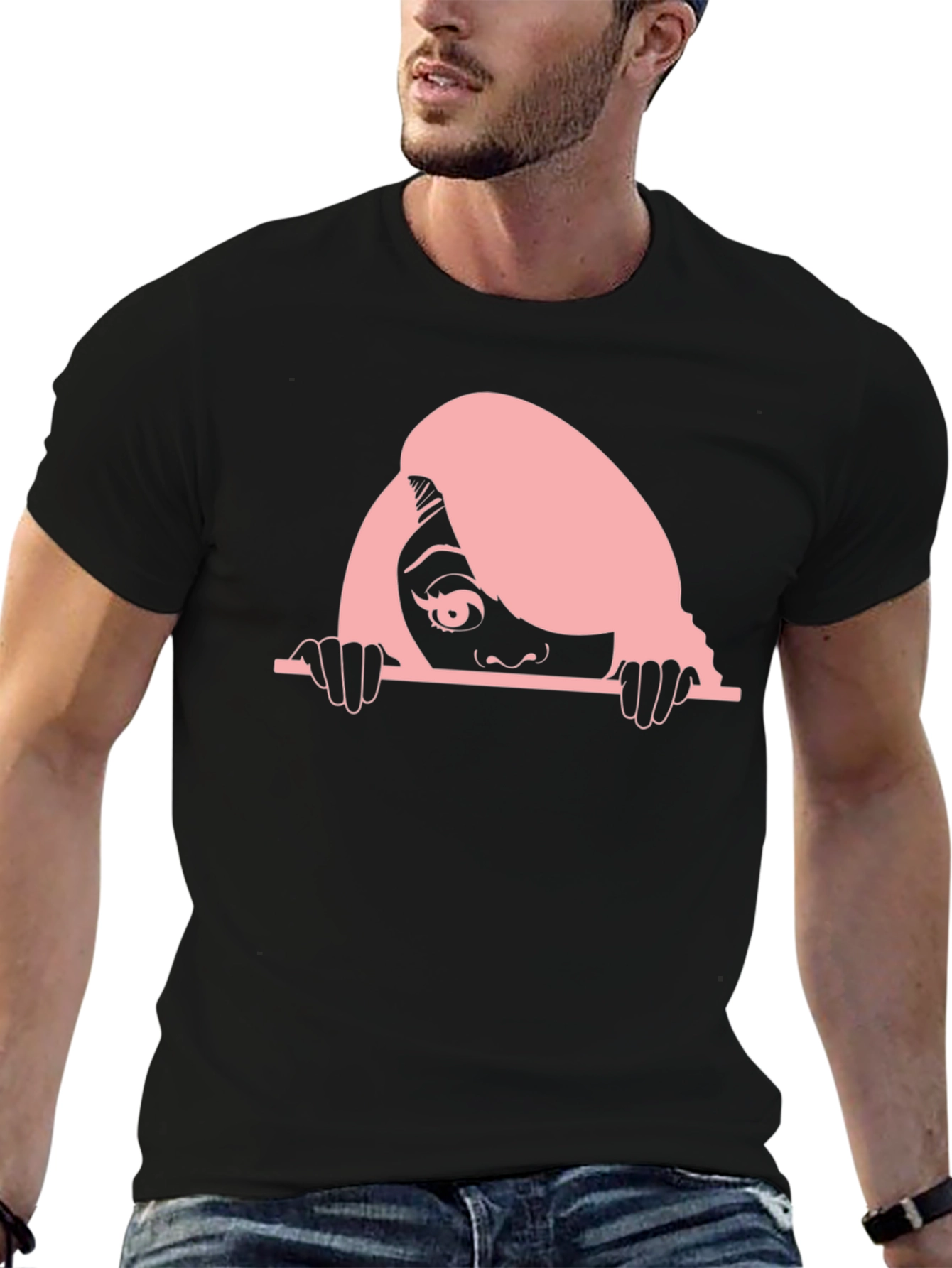 Peeking Woman Graphic Tee - Black Cotton T-Shirt