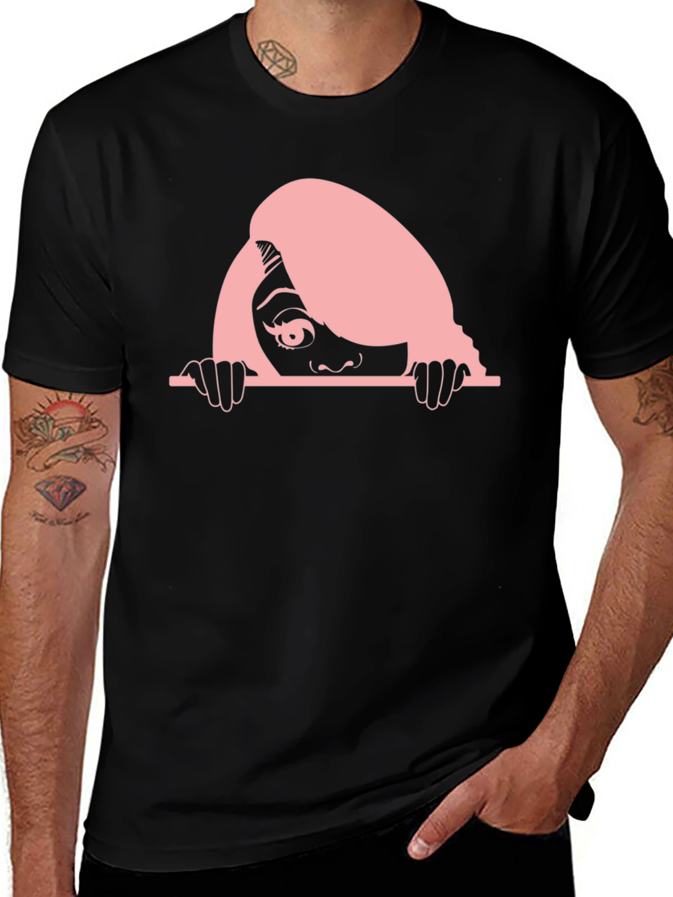 Peeking Woman Graphic Tee - Black Cotton T-Shirt