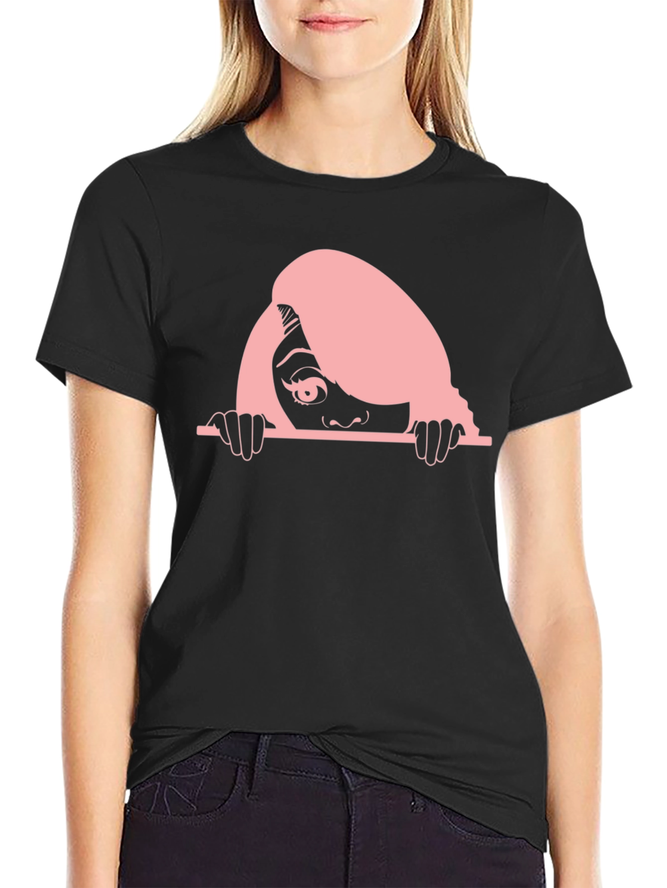 Peeking Woman Graphic Tee - Black Cotton T-Shirt