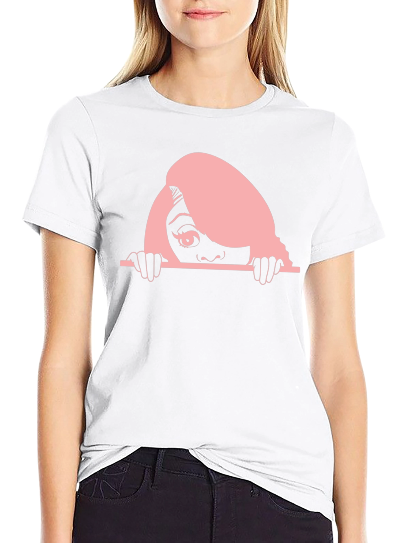 Peeking Woman Graphic Tee - Black Cotton T-Shirt