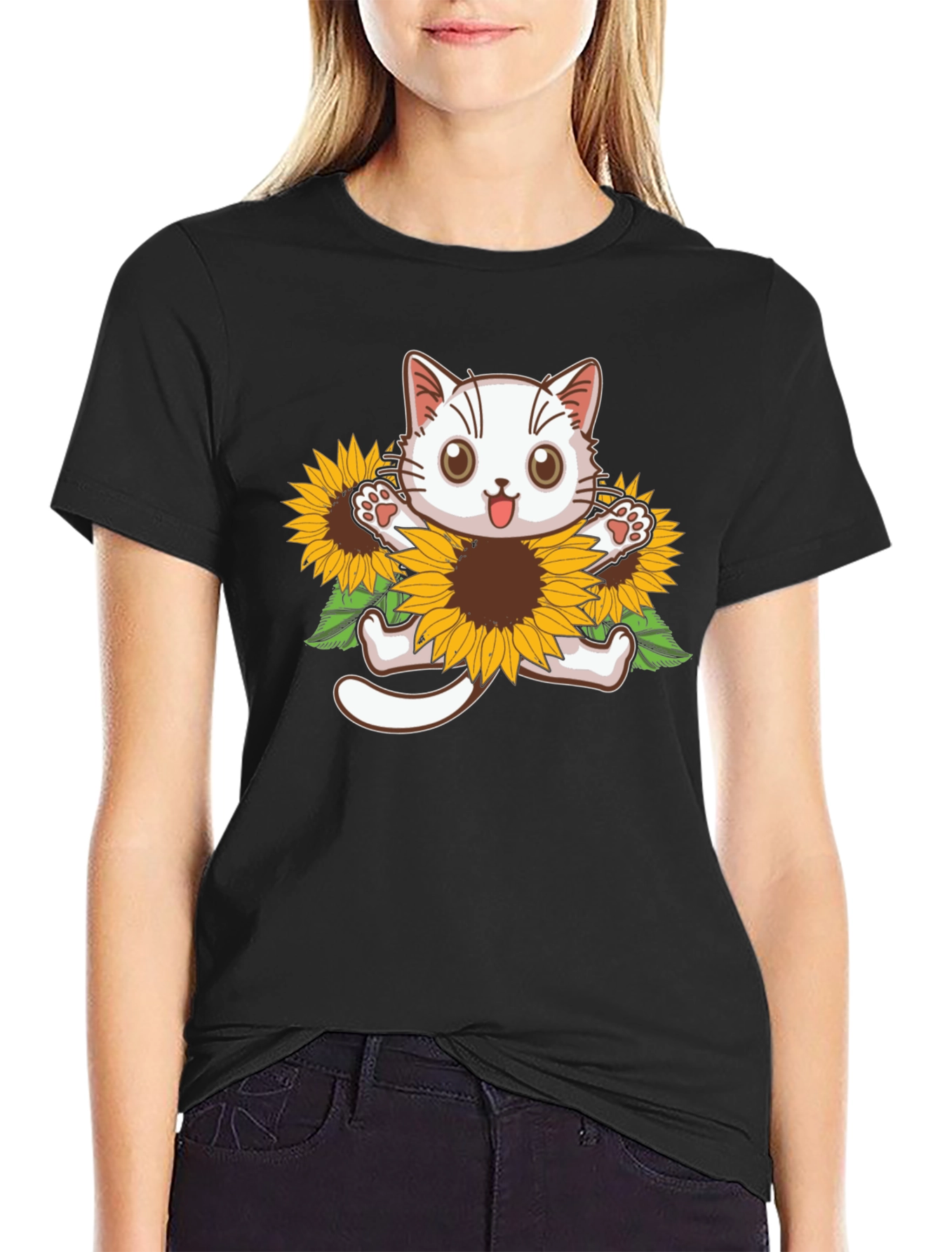 Cute Cat Sunflower Graphic Tee