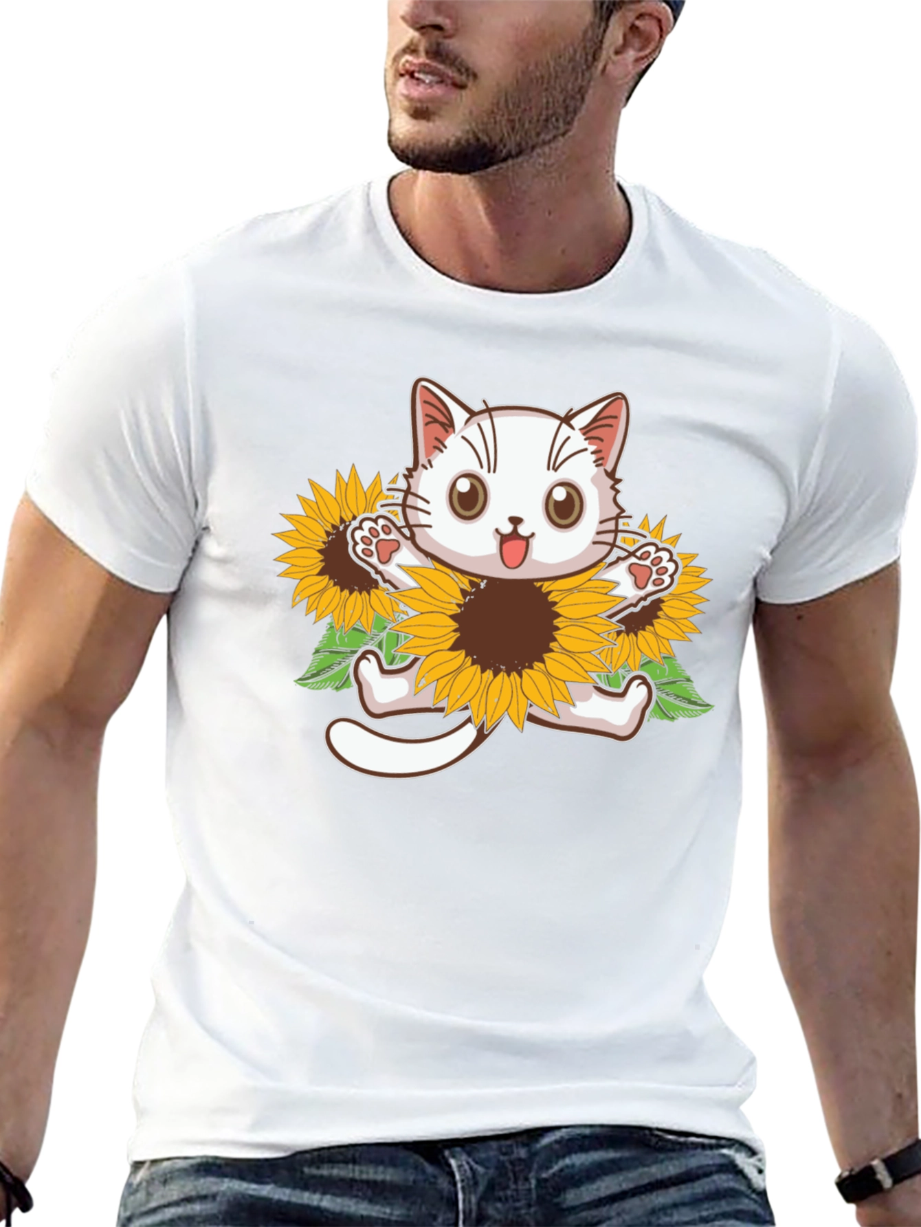 Cute Cat Sunflower Graphic Tee