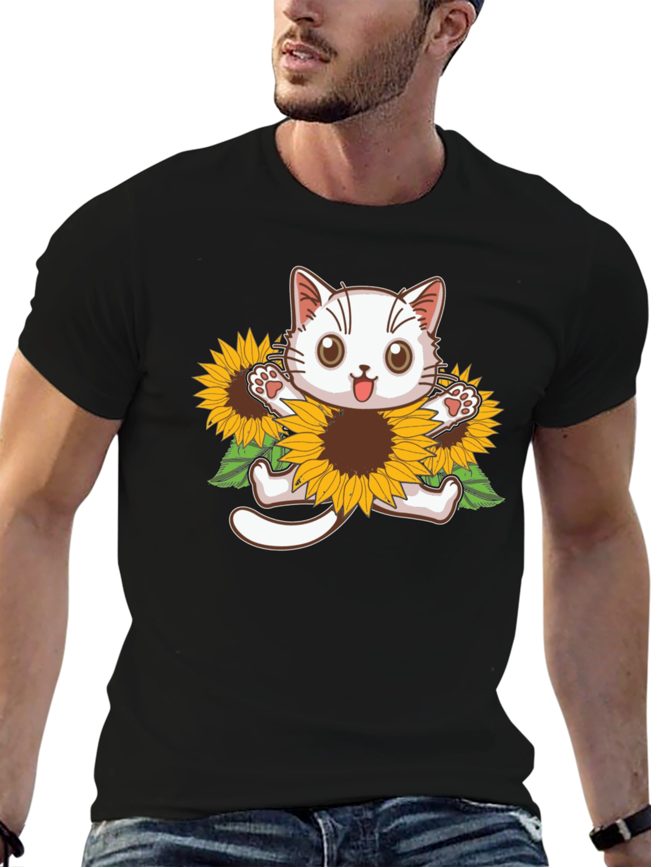 Cute Cat Sunflower Graphic Tee