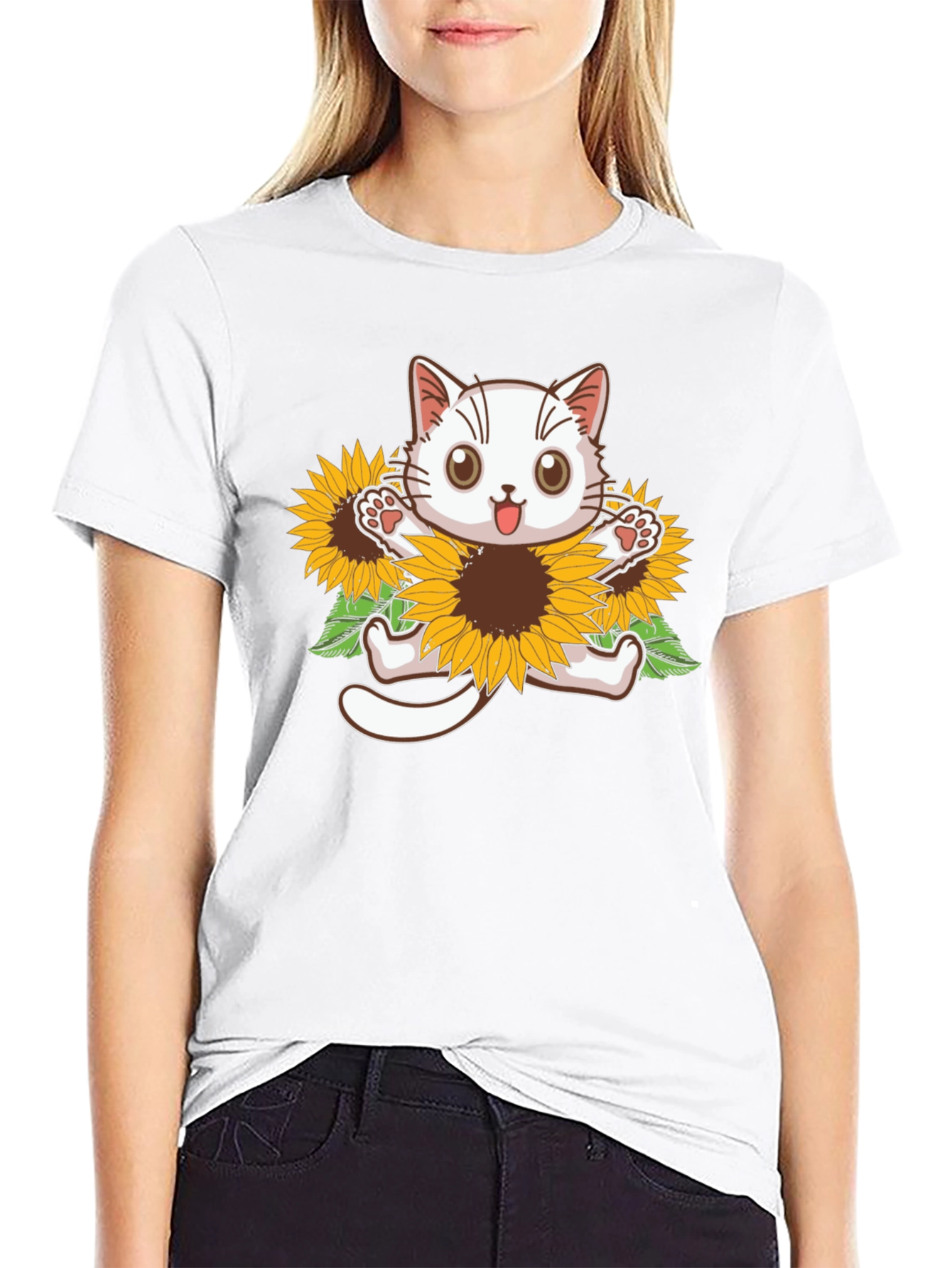 Cute Cat Sunflower Graphic Tee