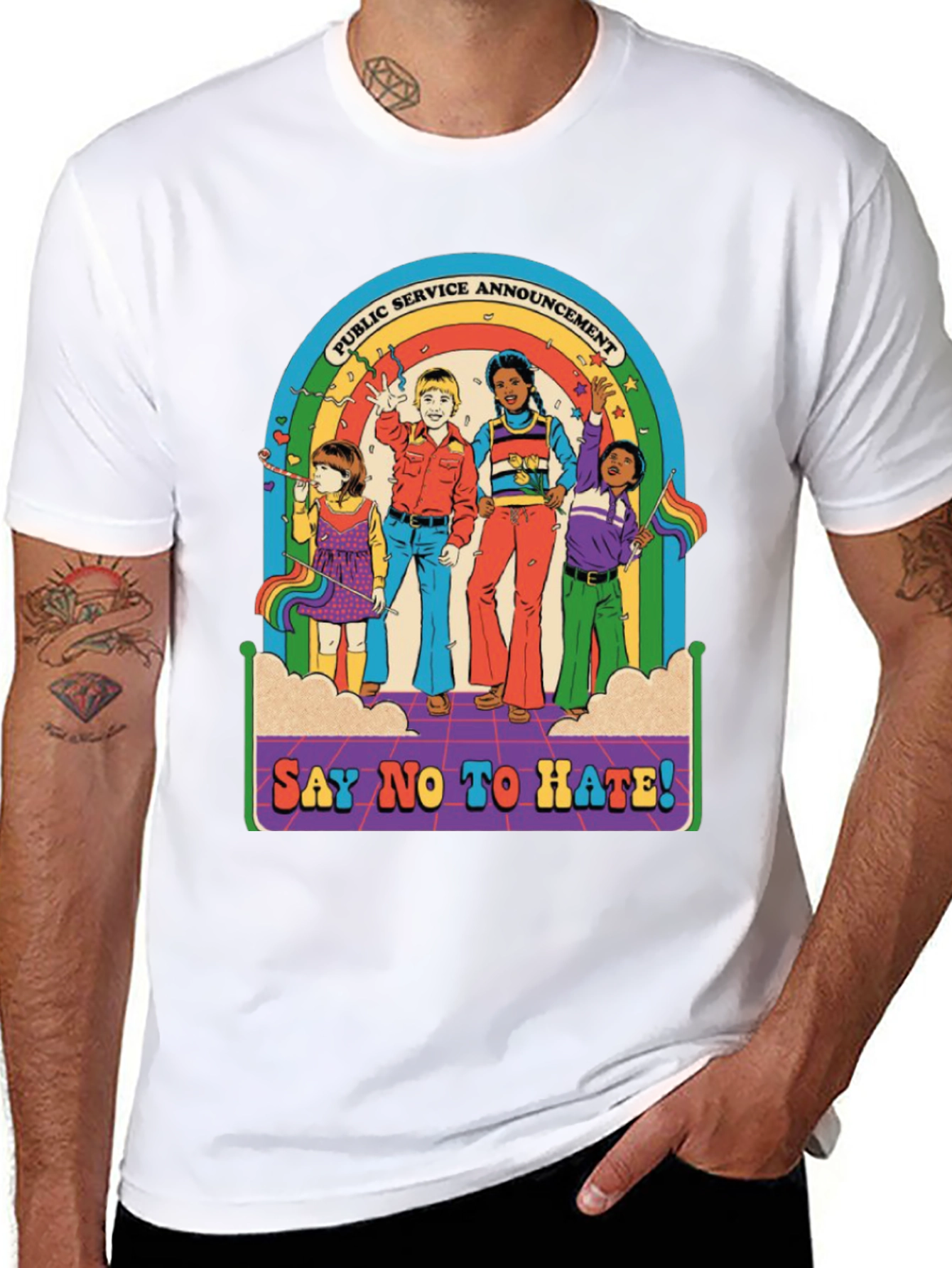 Say No To Hate T-Shirt - Retro Rainbow Design