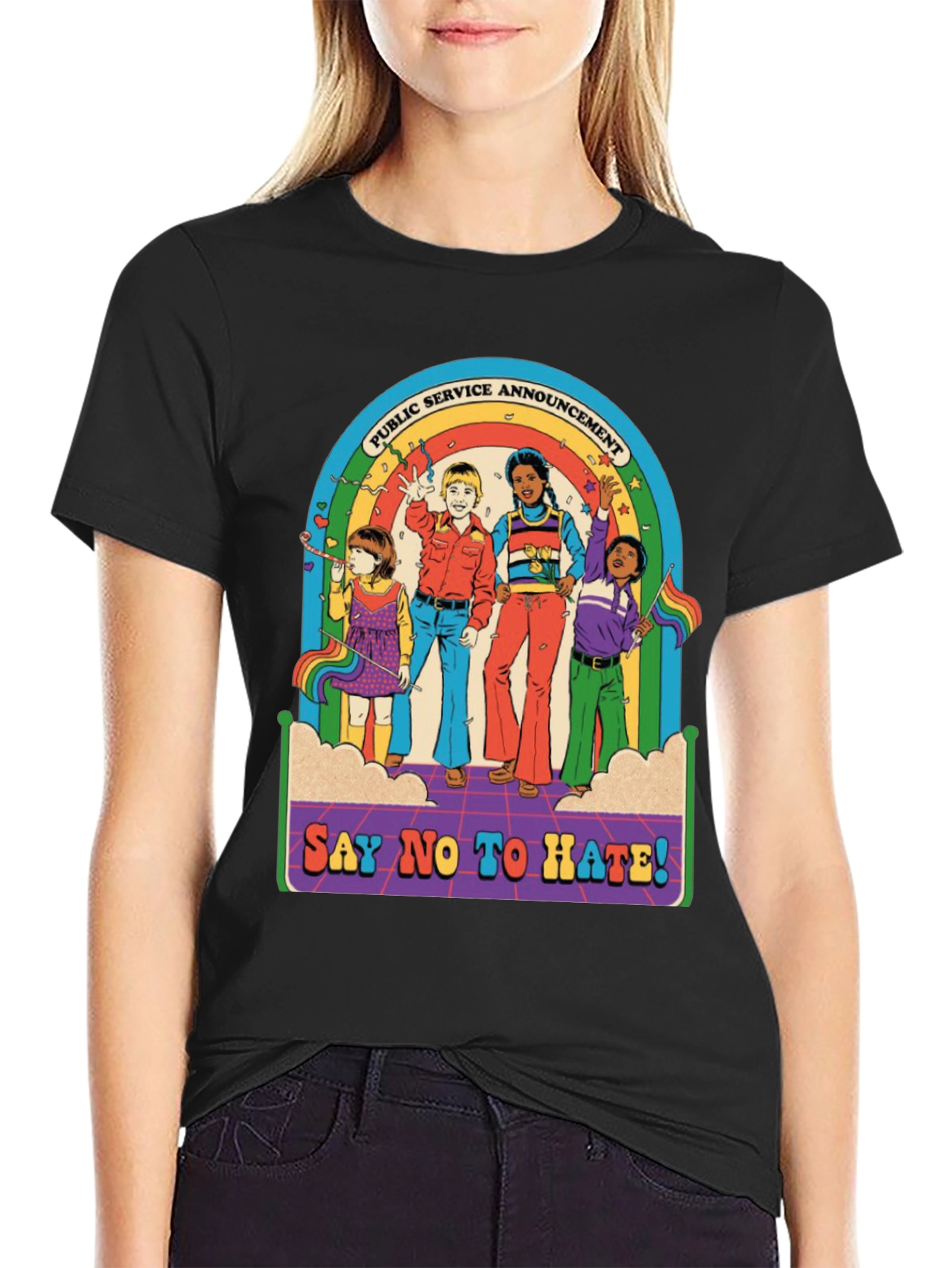 Say No To Hate T-Shirt - Retro Rainbow Design