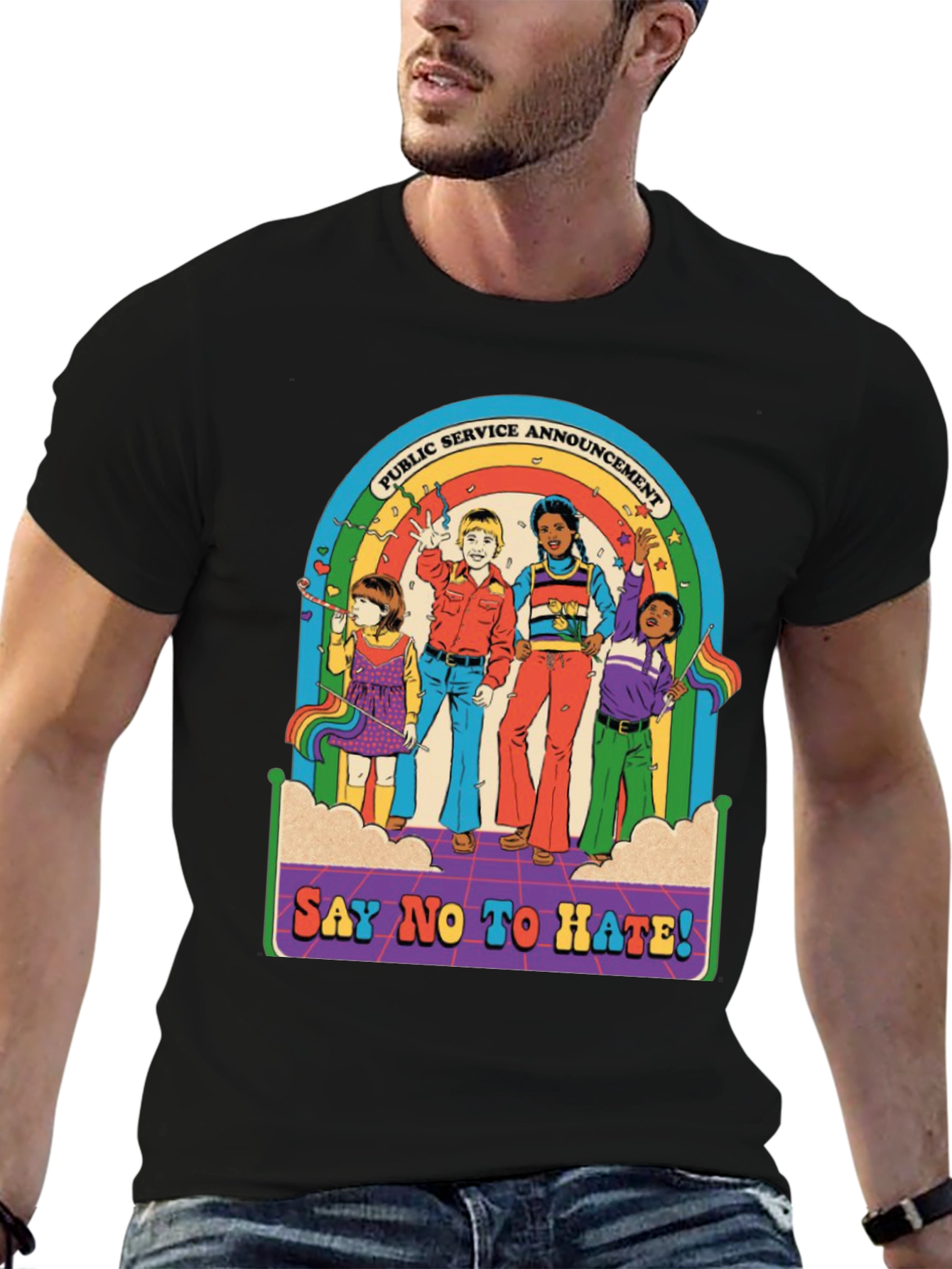 Say No To Hate T-Shirt - Retro Rainbow Design