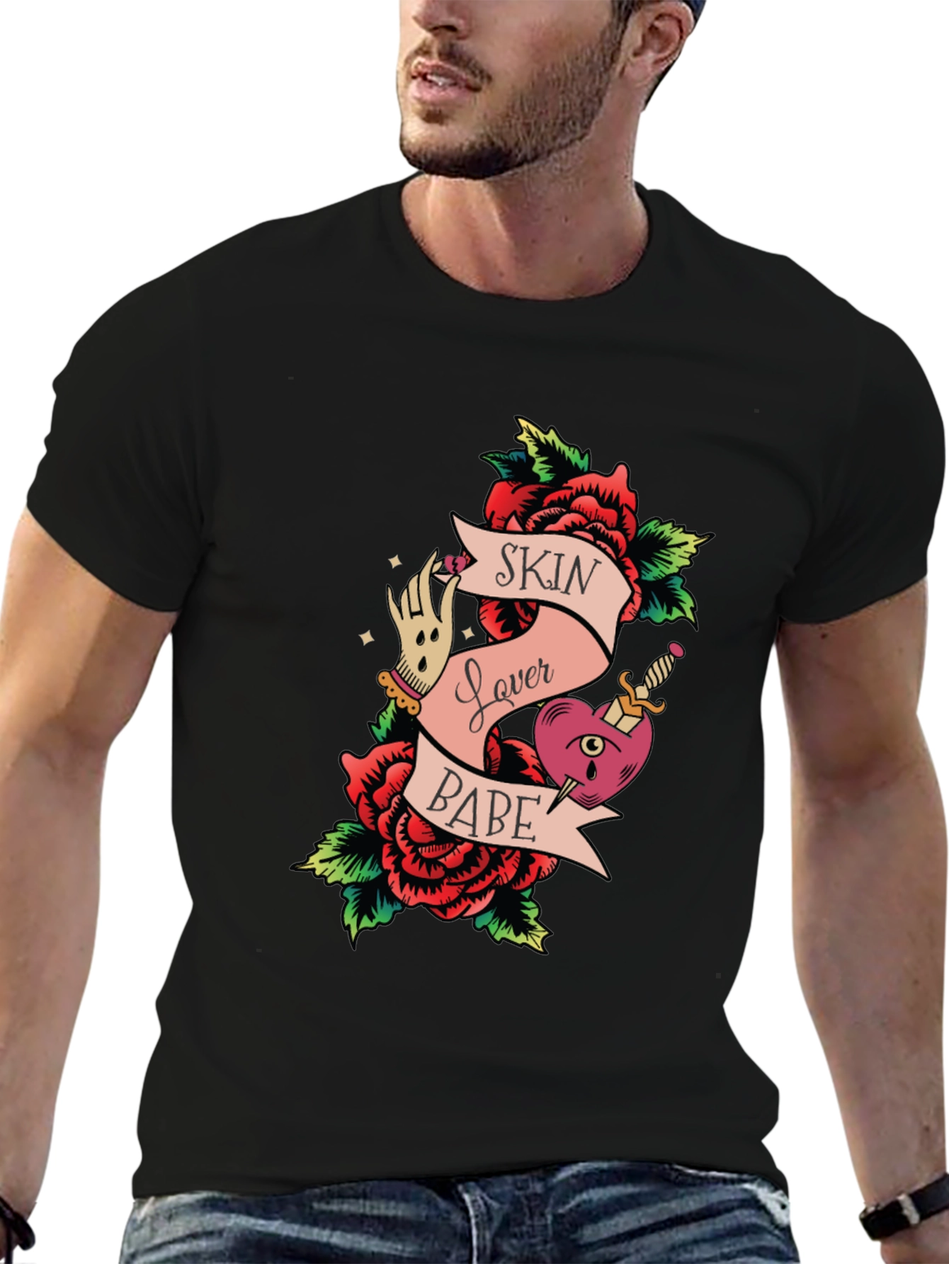 Skin Lover Babe Tattoo Style Graphic Tee - Black