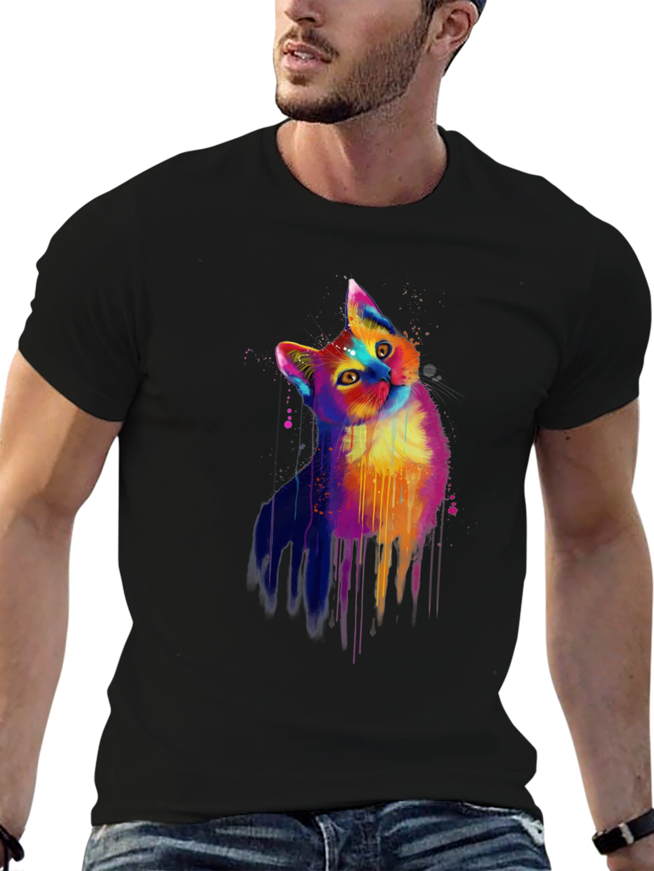 Vibrant Cat Graphic Black T-Shirt