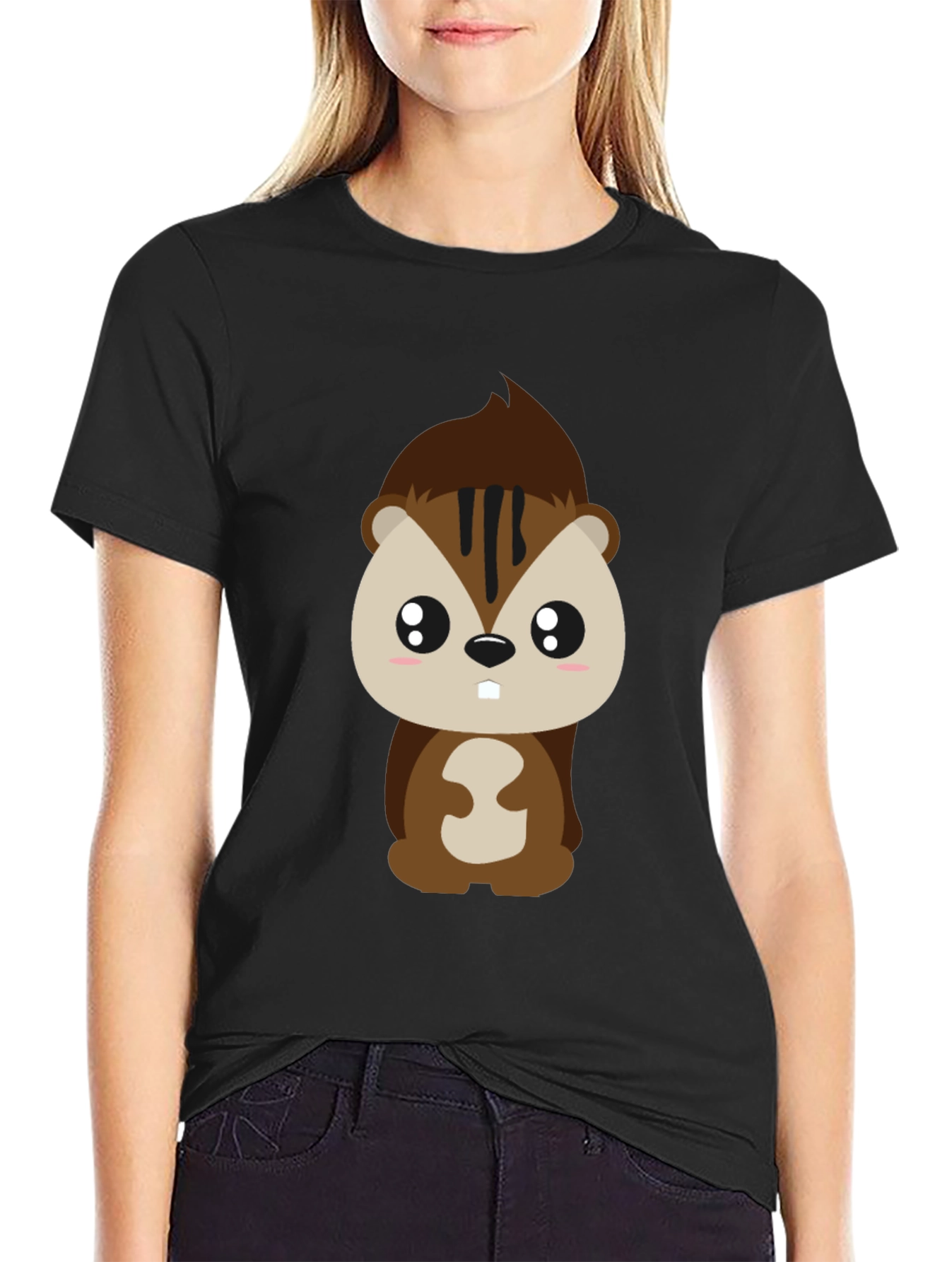 Cute Cartoon Squirrel Graphic Tee - Black Cotton T-Shirt