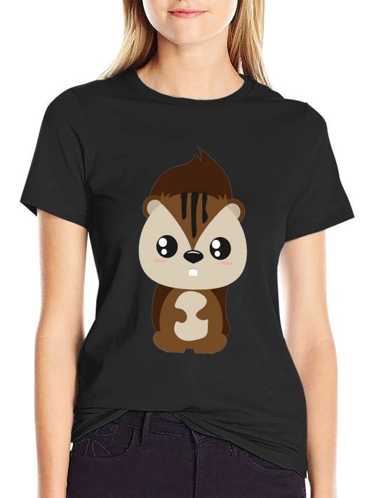 Cute Cartoon Squirrel Graphic Tee - Black Cotton T-Shirt