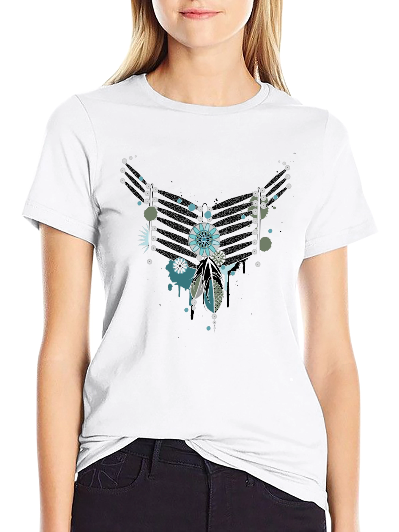 Abstract Feather Graphic Black Tee