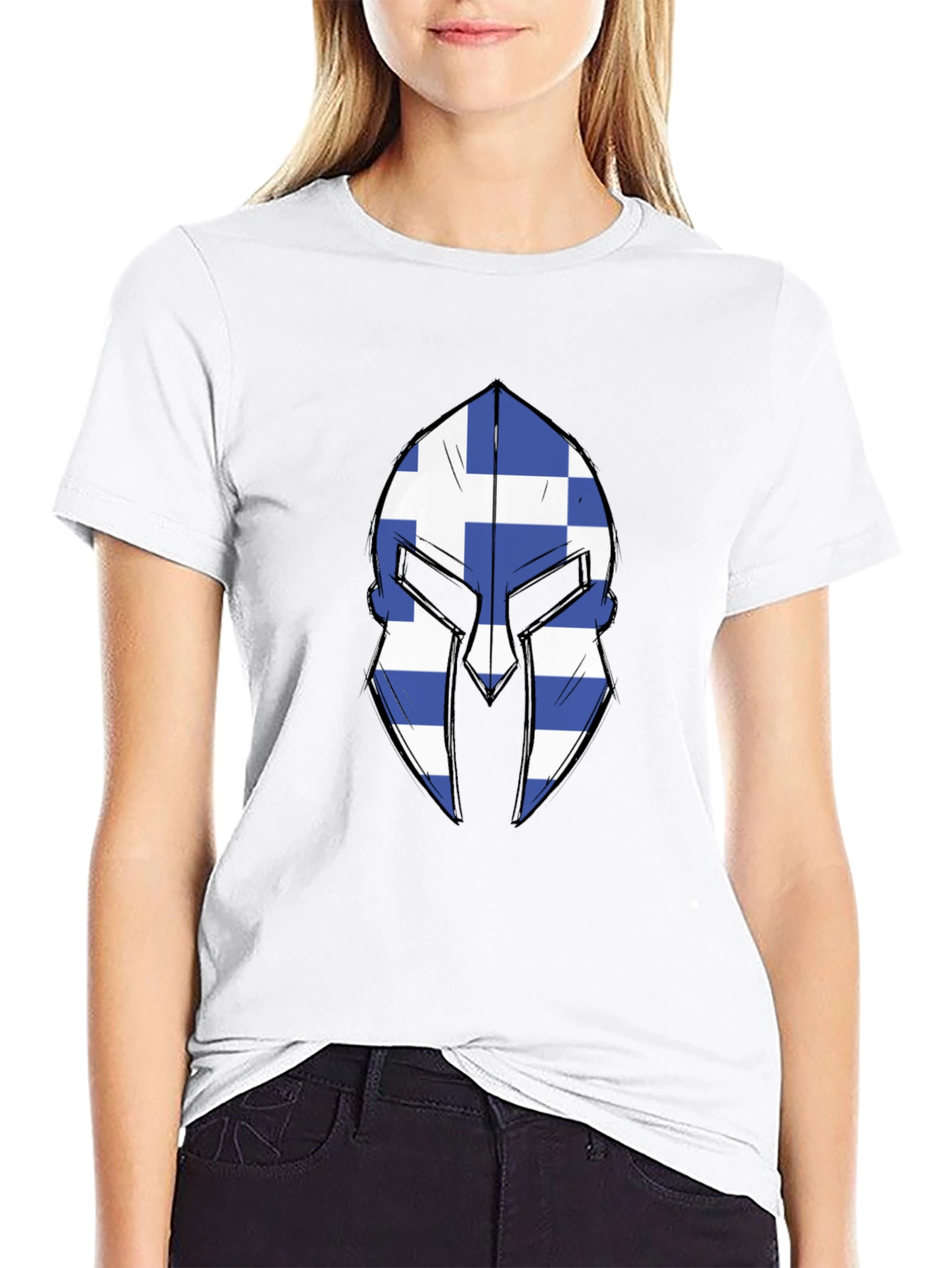Greek Spartan Helmet Flag Graphic Tee - Black T-Shirt