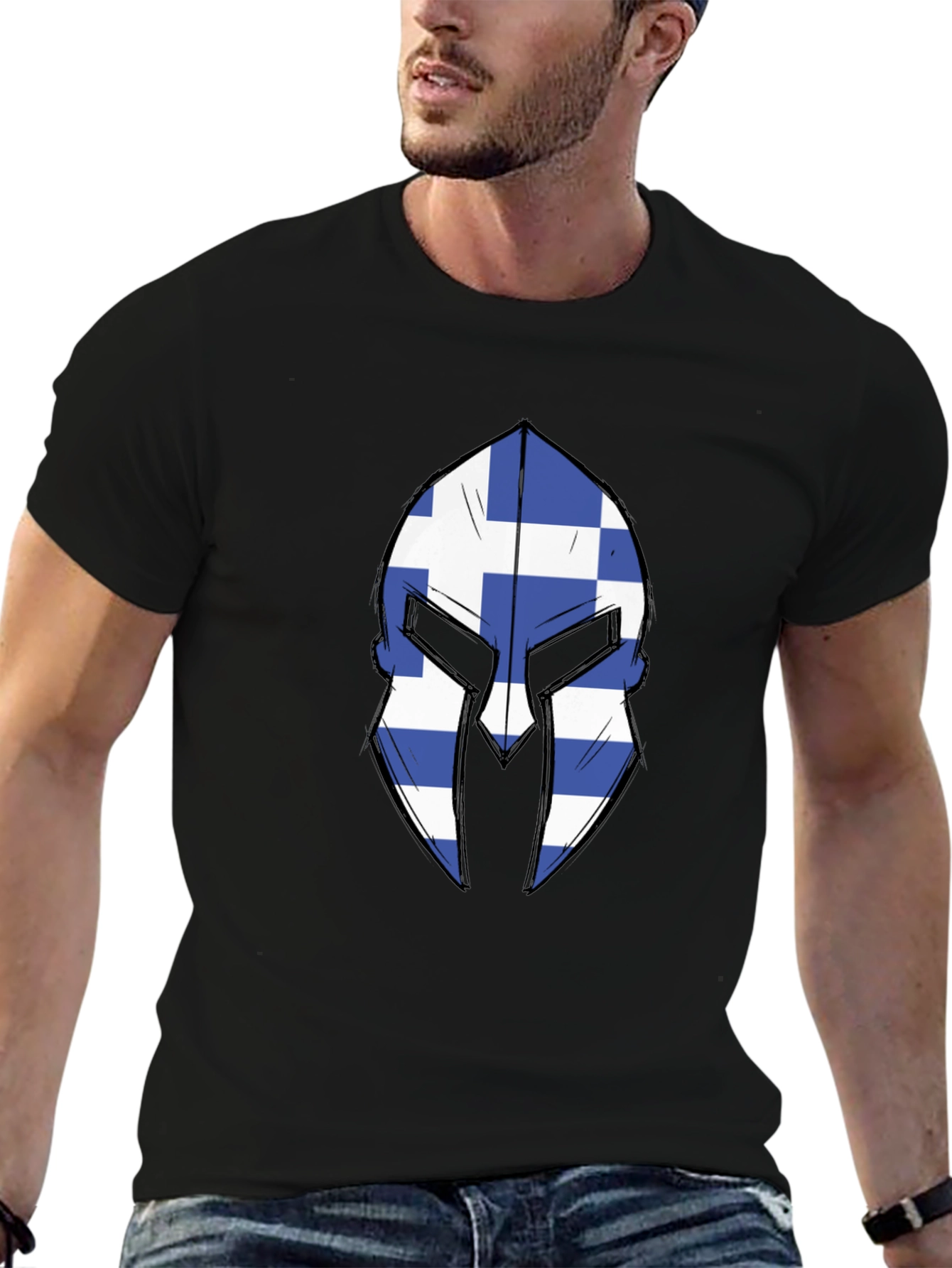 Greek Spartan Helmet Flag Graphic Tee - Black T-Shirt