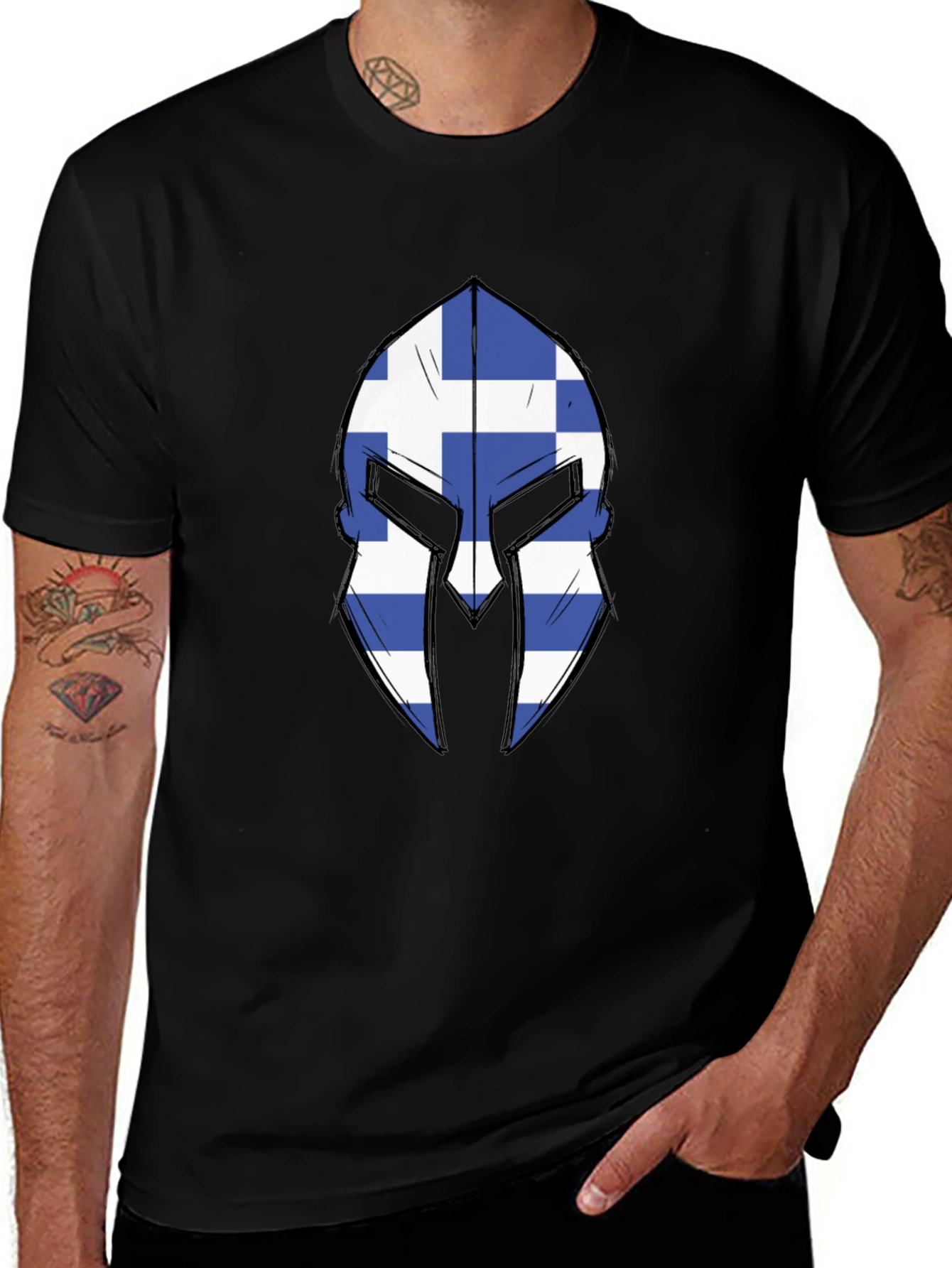 Greek Spartan Helmet Flag Graphic Tee - Black T-Shirt