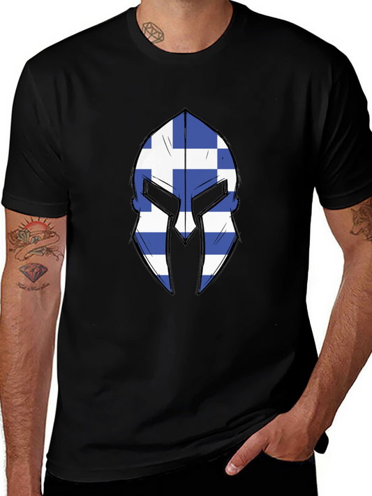 Greek Spartan Helmet Flag Graphic Tee - Black T-Shirt