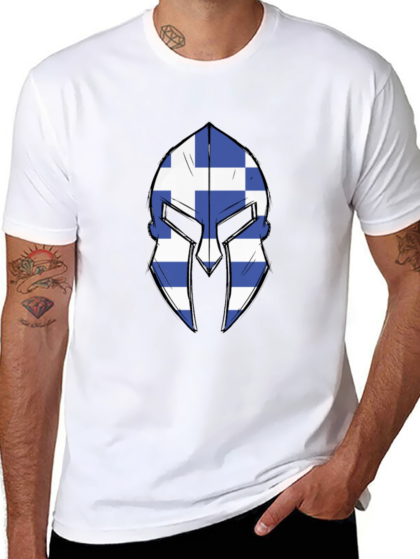 Greek Spartan Helmet Flag Graphic Tee - Black T-Shirt