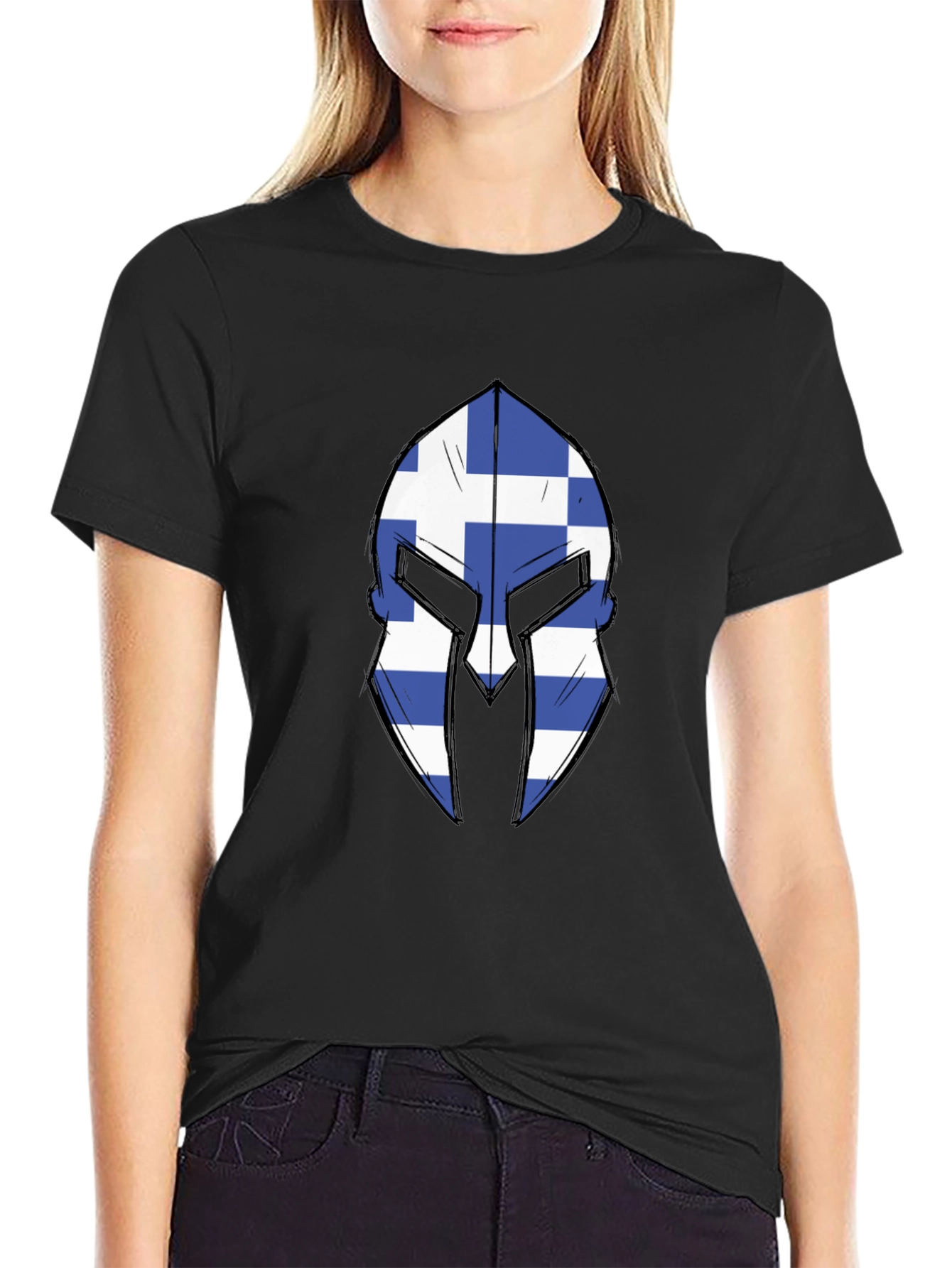 Greek Spartan Helmet Flag Graphic Tee - Black T-Shirt