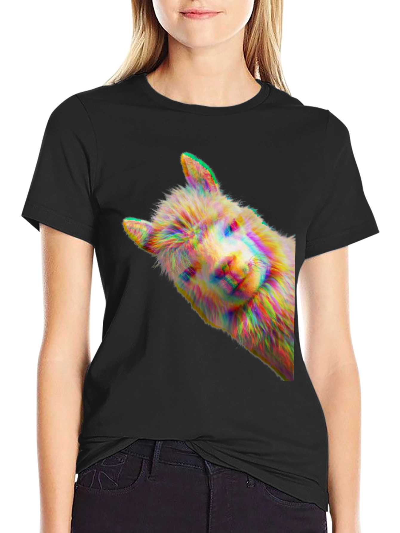 Alpaca Glitch Art Graphic Tee - Mens Black T-Shirt