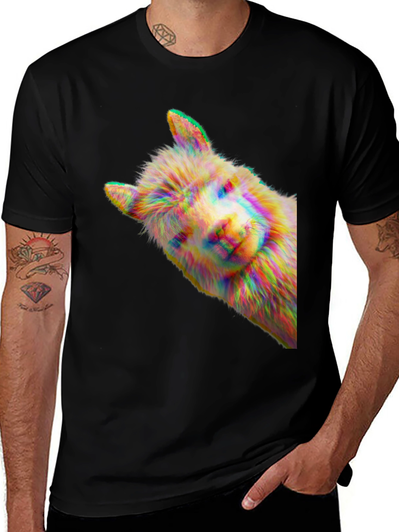 Alpaca Glitch Art Graphic Tee - Mens Black T-Shirt