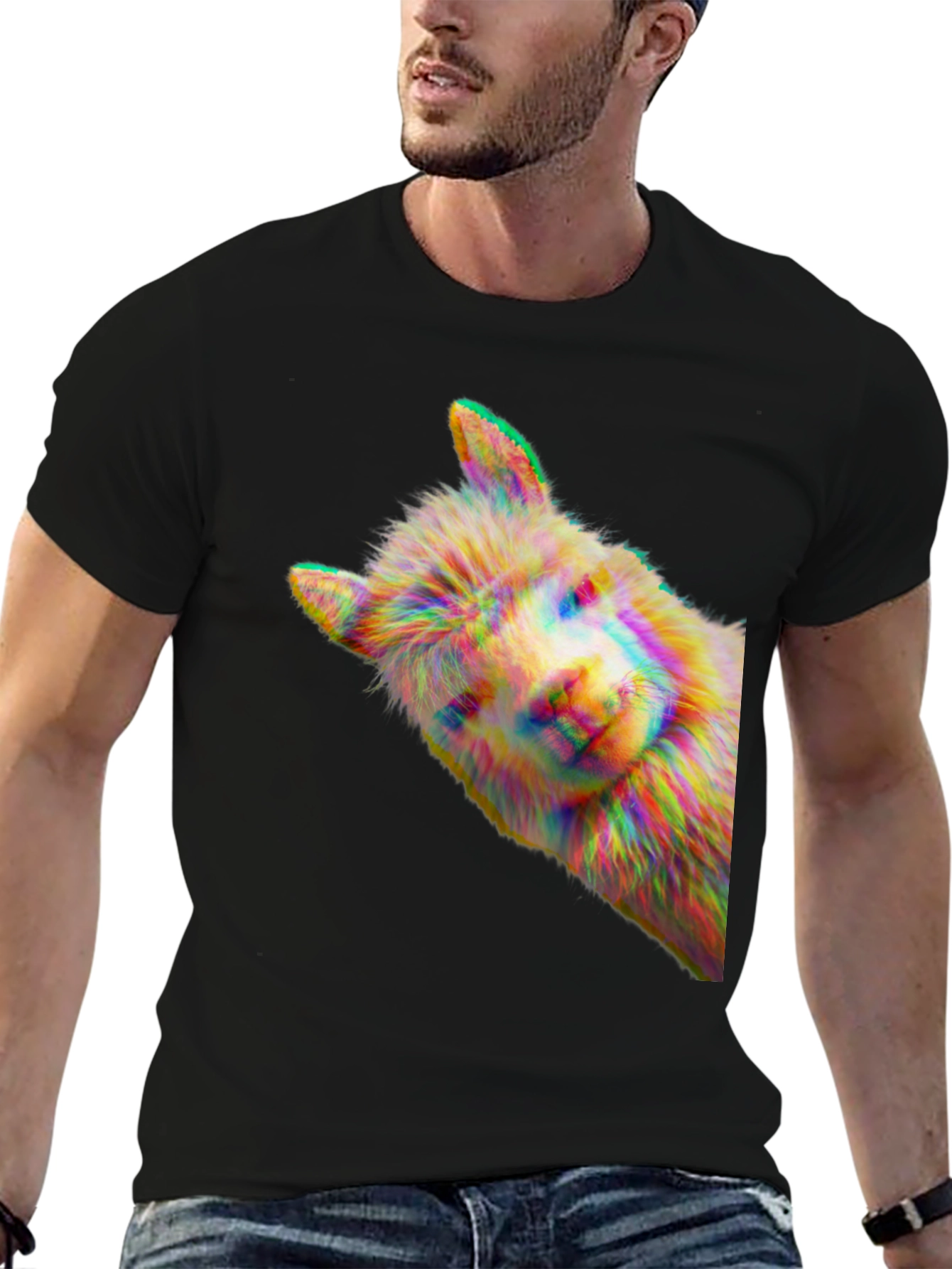 Alpaca Glitch Art Graphic Tee - Mens Black T-Shirt