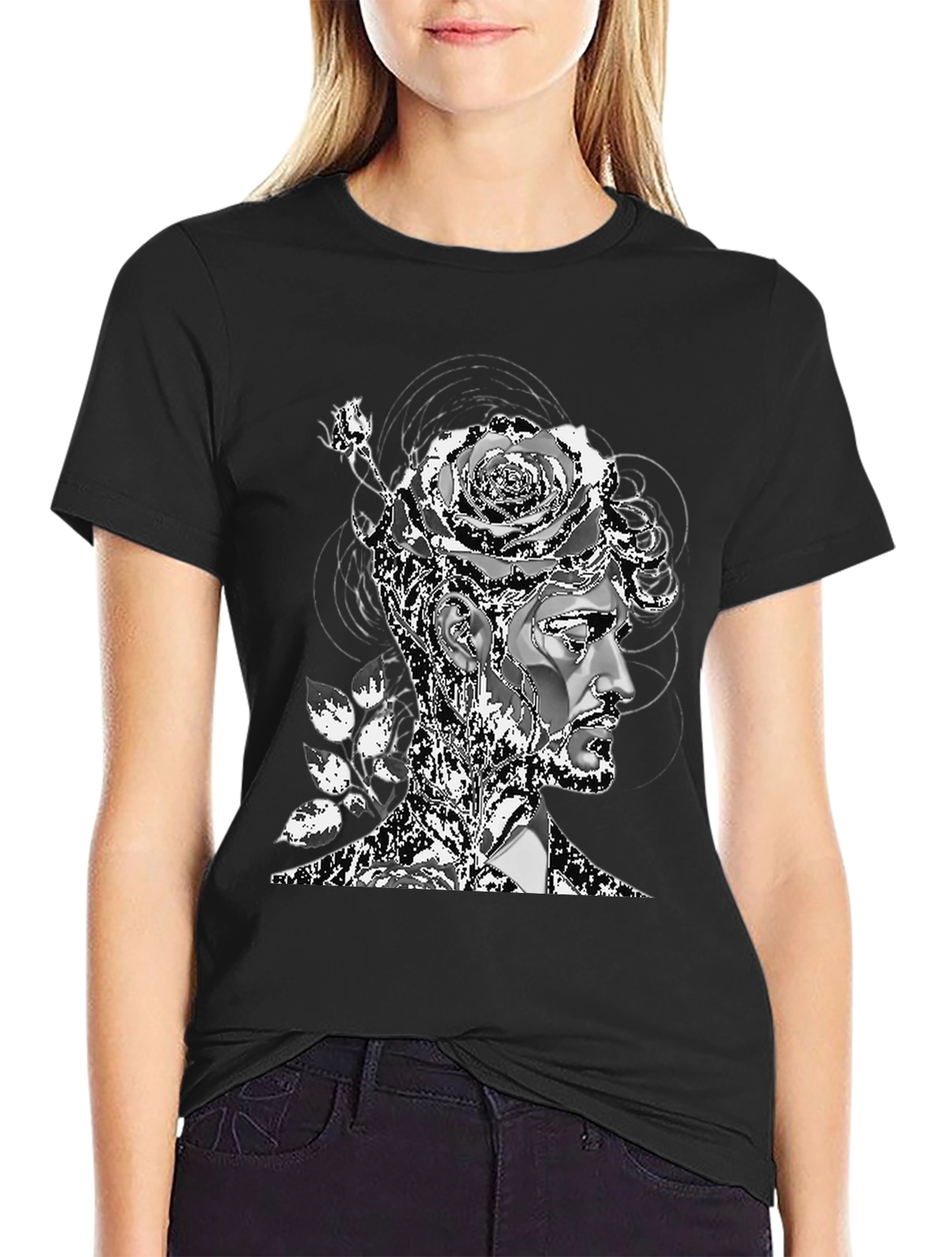 Artistic Floral Head T-Shirt - Mens Black Tee