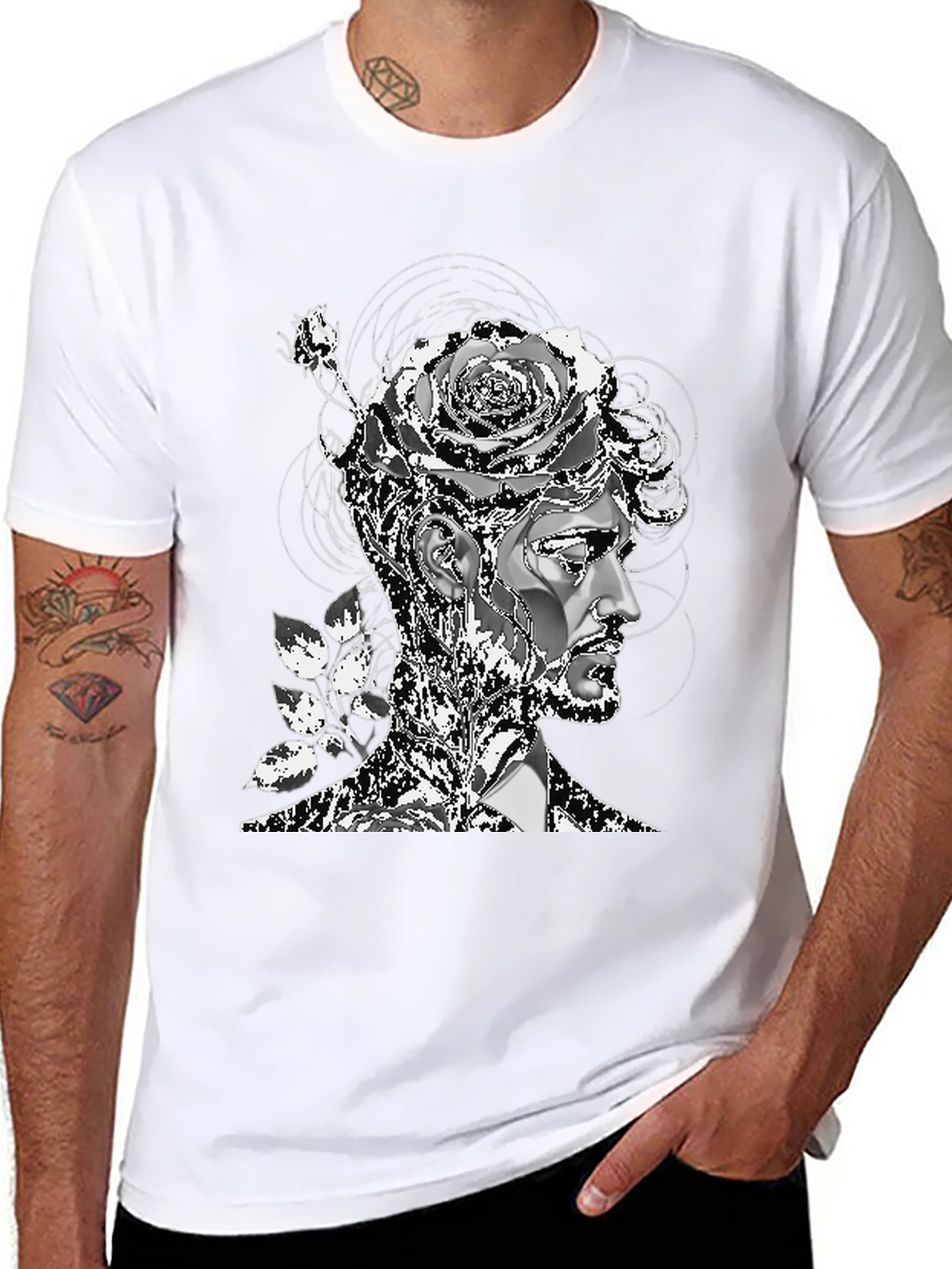 Artistic Floral Head T-Shirt - Mens Black Tee