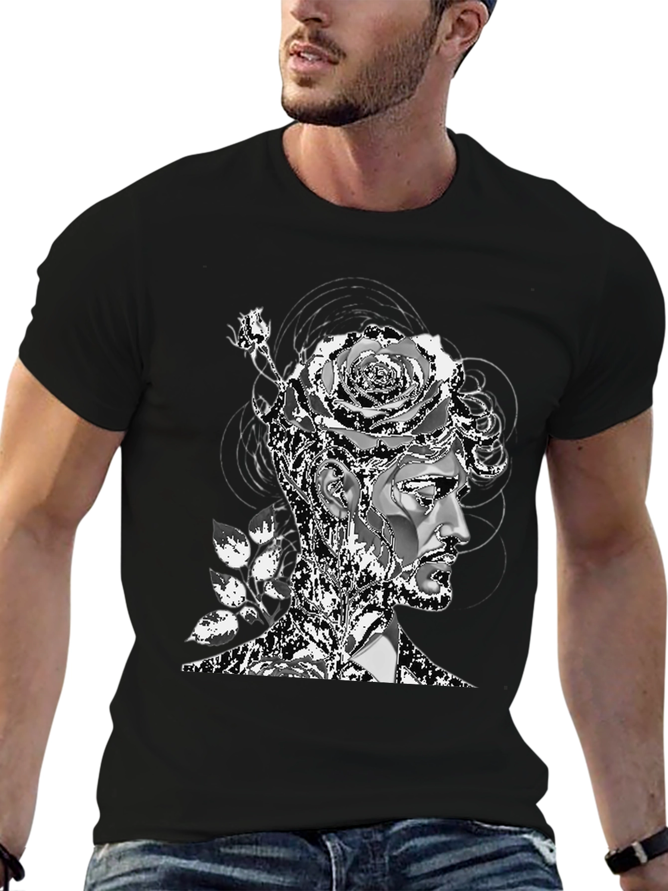 Artistic Floral Head T-Shirt - Mens Black Tee