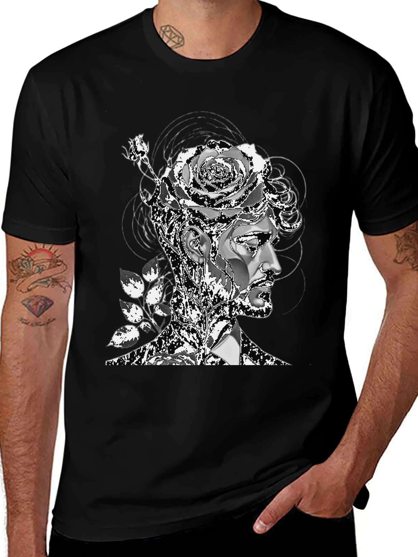 Artistic Floral Head T-Shirt - Mens Black Tee