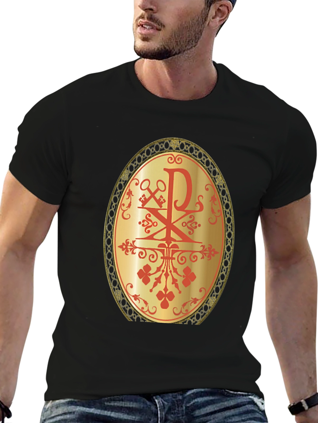 Religious Chi Rho Graphic Tee - Black