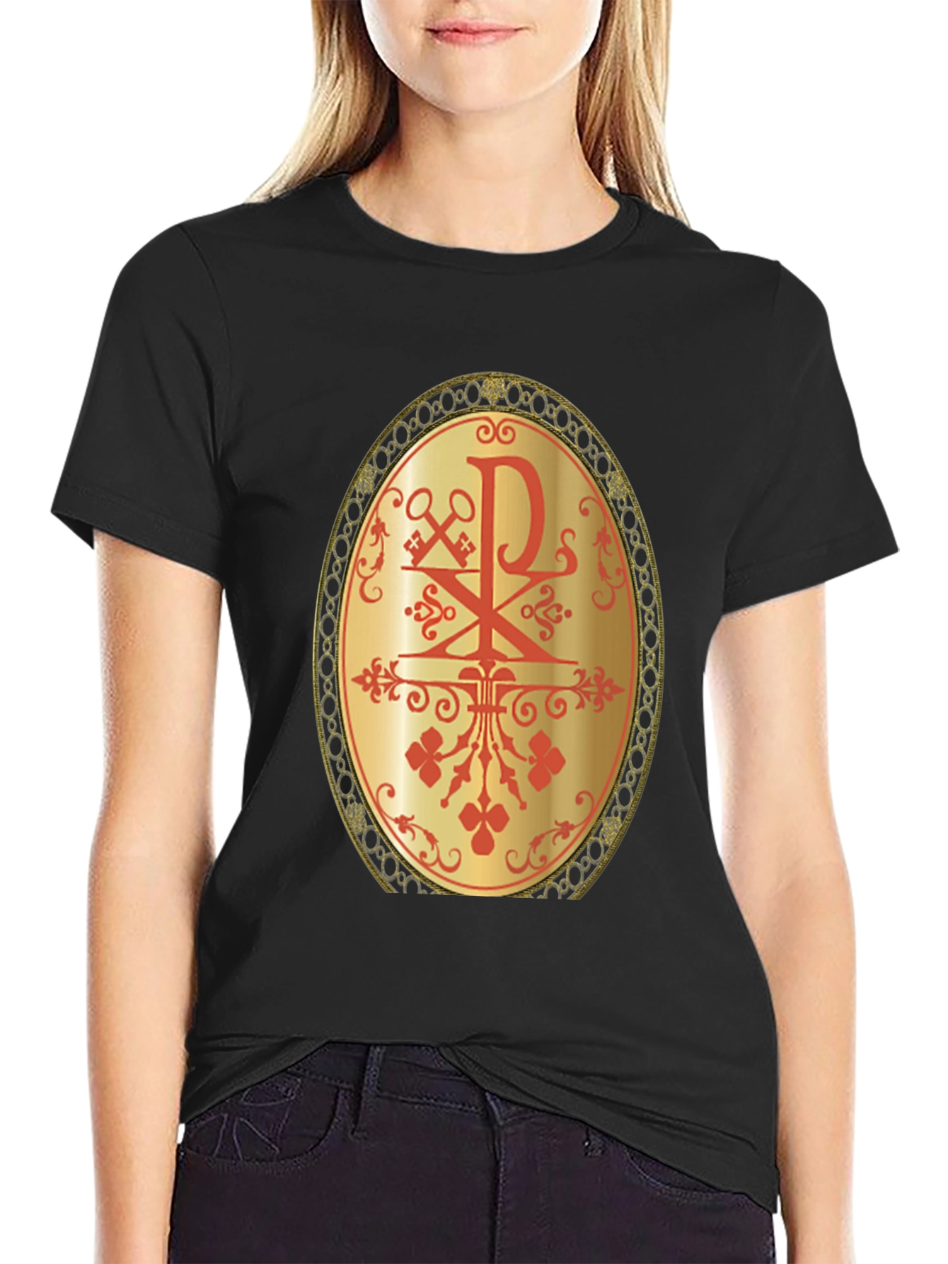 Religious Chi Rho Graphic Tee - Black