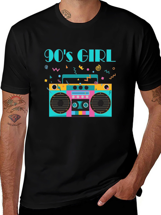 90s Girl Graphic Tee - Retro Boombox Design Black T-Shirt
