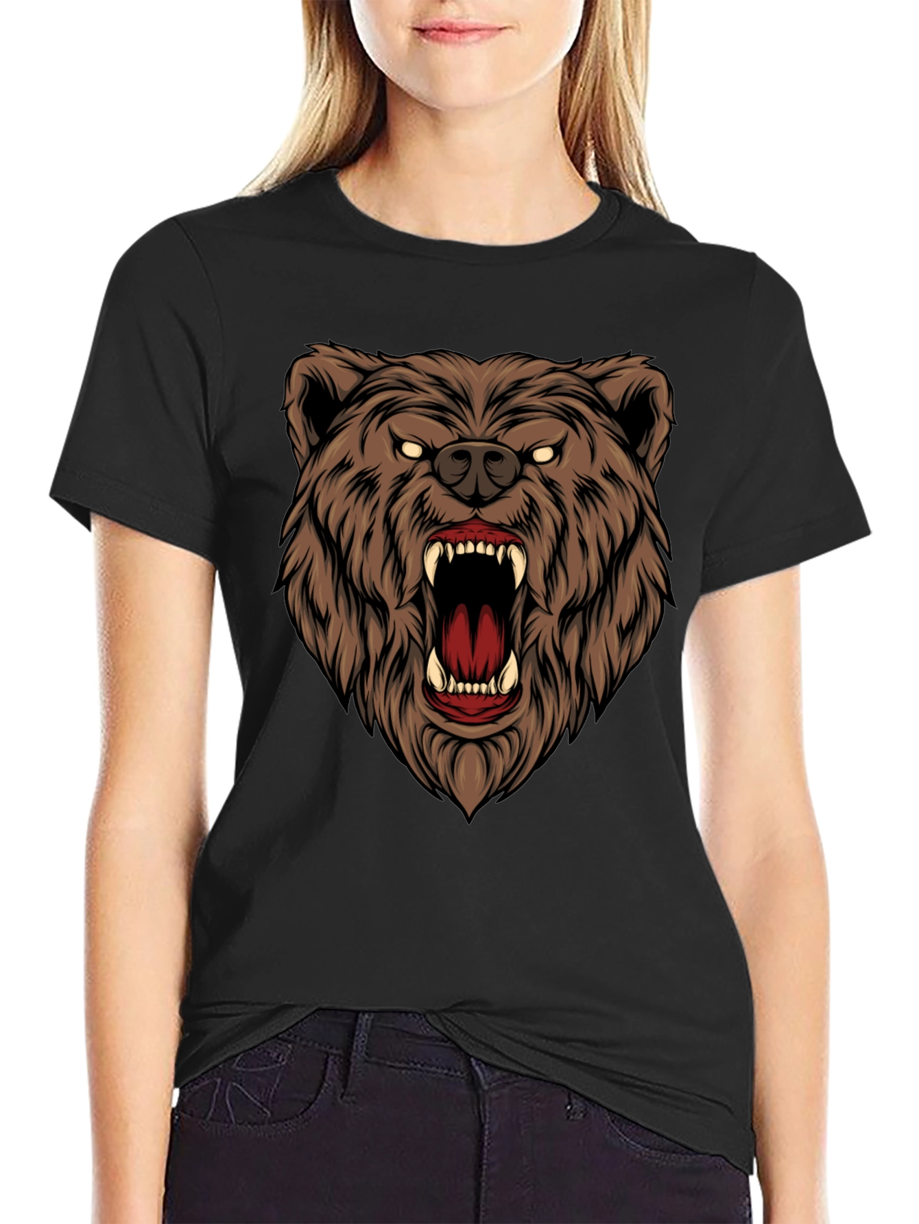 Mens Black T-Shirt with Roaring Bear Graphic