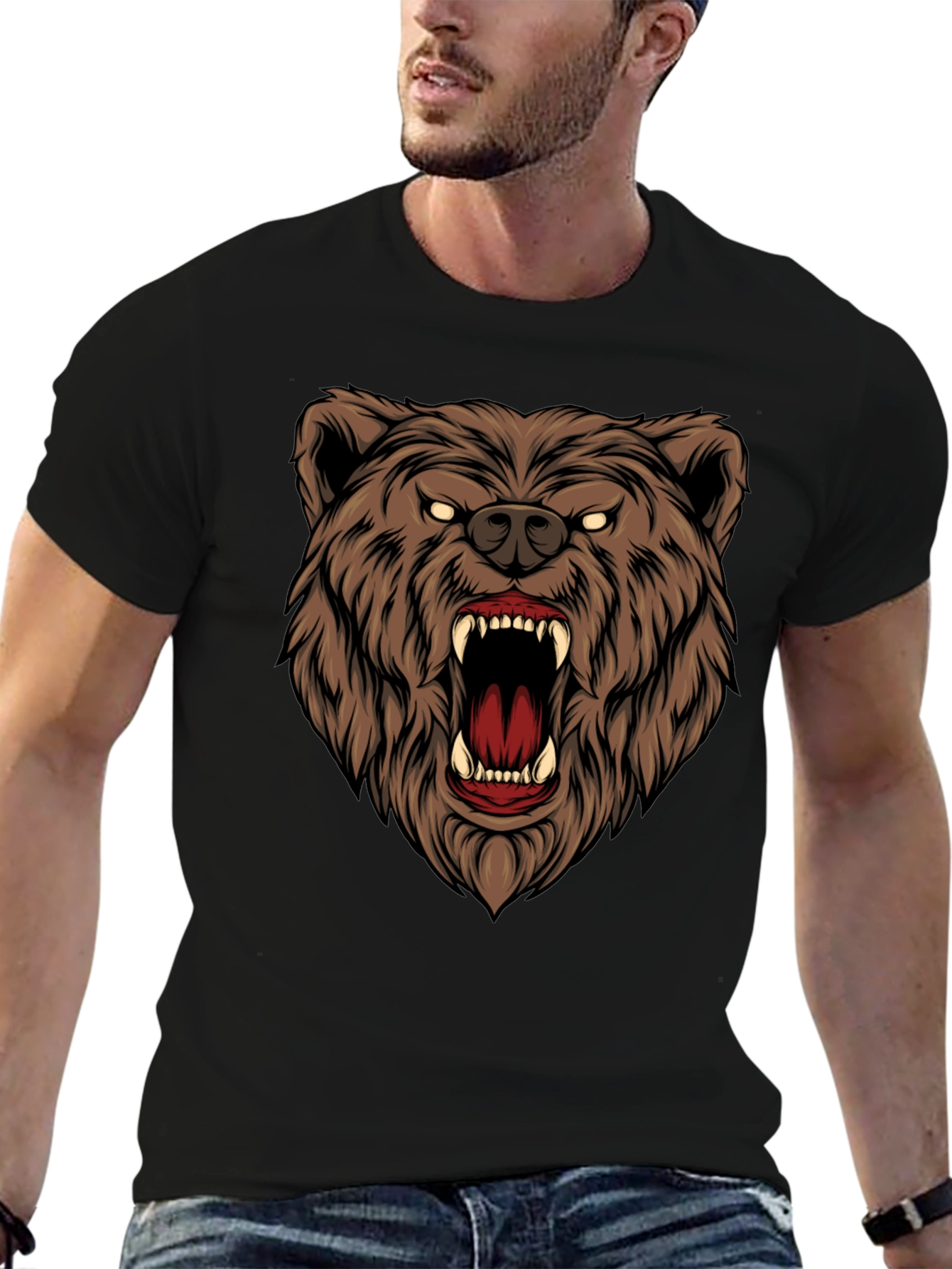 Mens Black T-Shirt with Roaring Bear Graphic