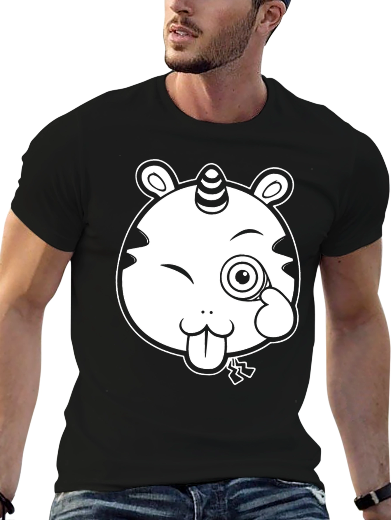 Unicorn-Tiger Cartoon Graphic Black Tee