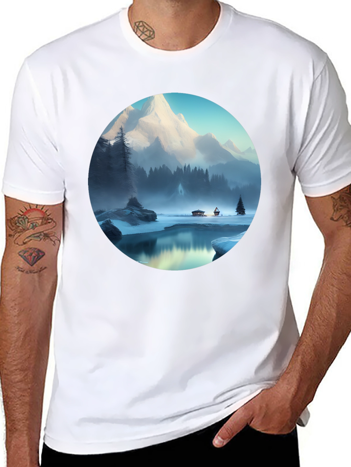 Mountain Lake Graphic Tee - Black Cotton Blend T-Shirt