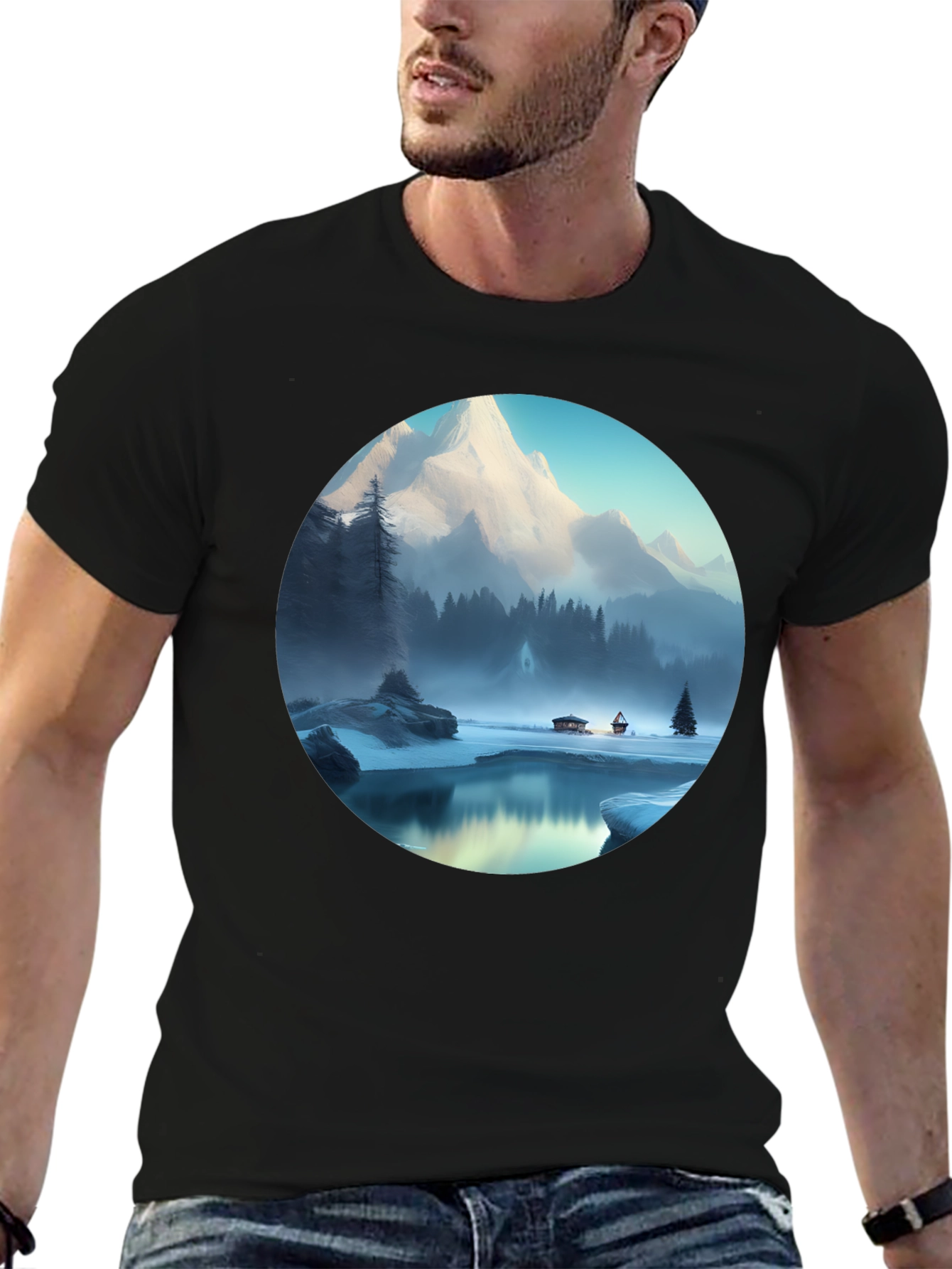Mountain Lake Graphic Tee - Black Cotton Blend T-Shirt