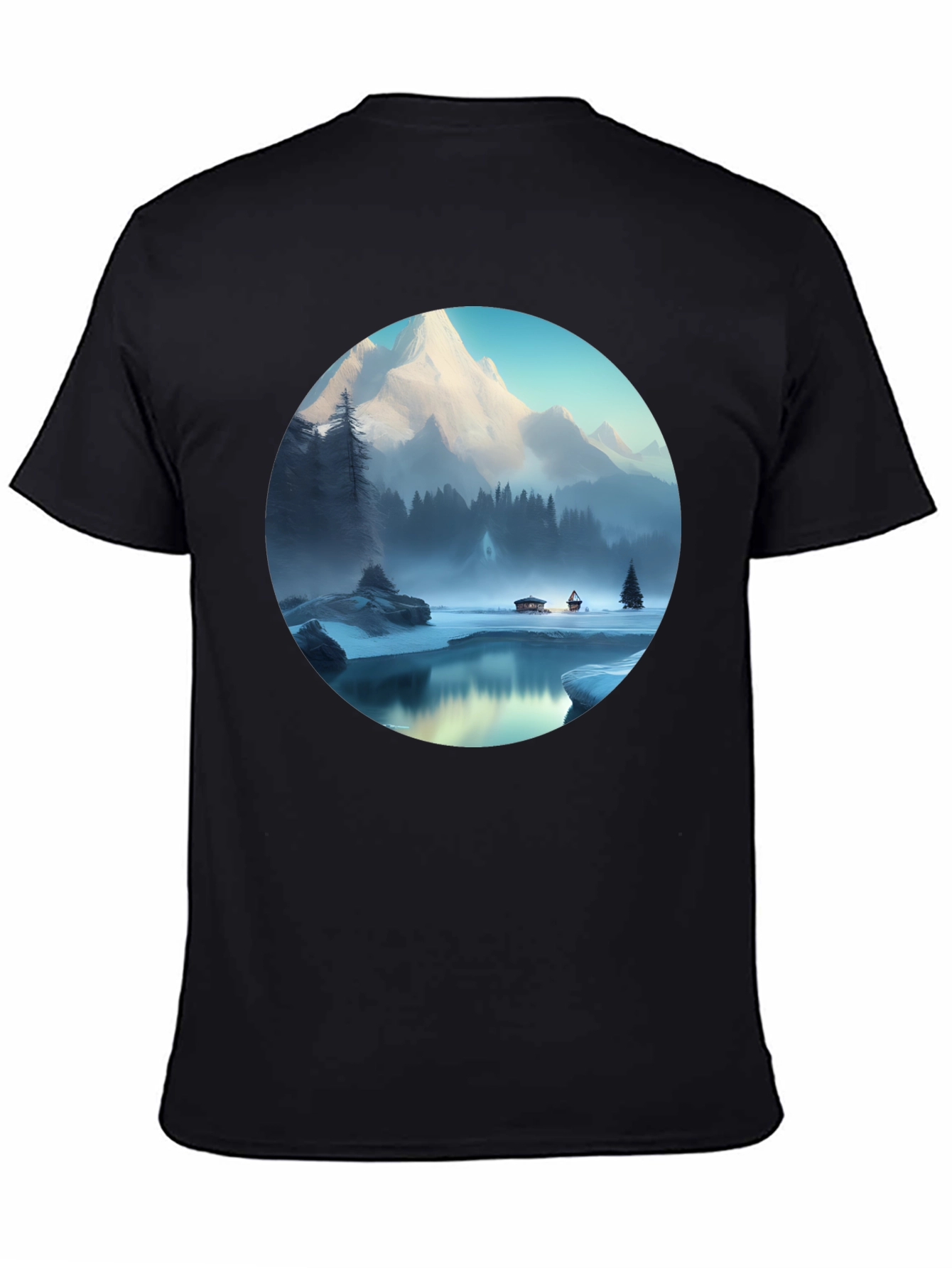 Mountain Lake Graphic Tee - Black Cotton Blend T-Shirt