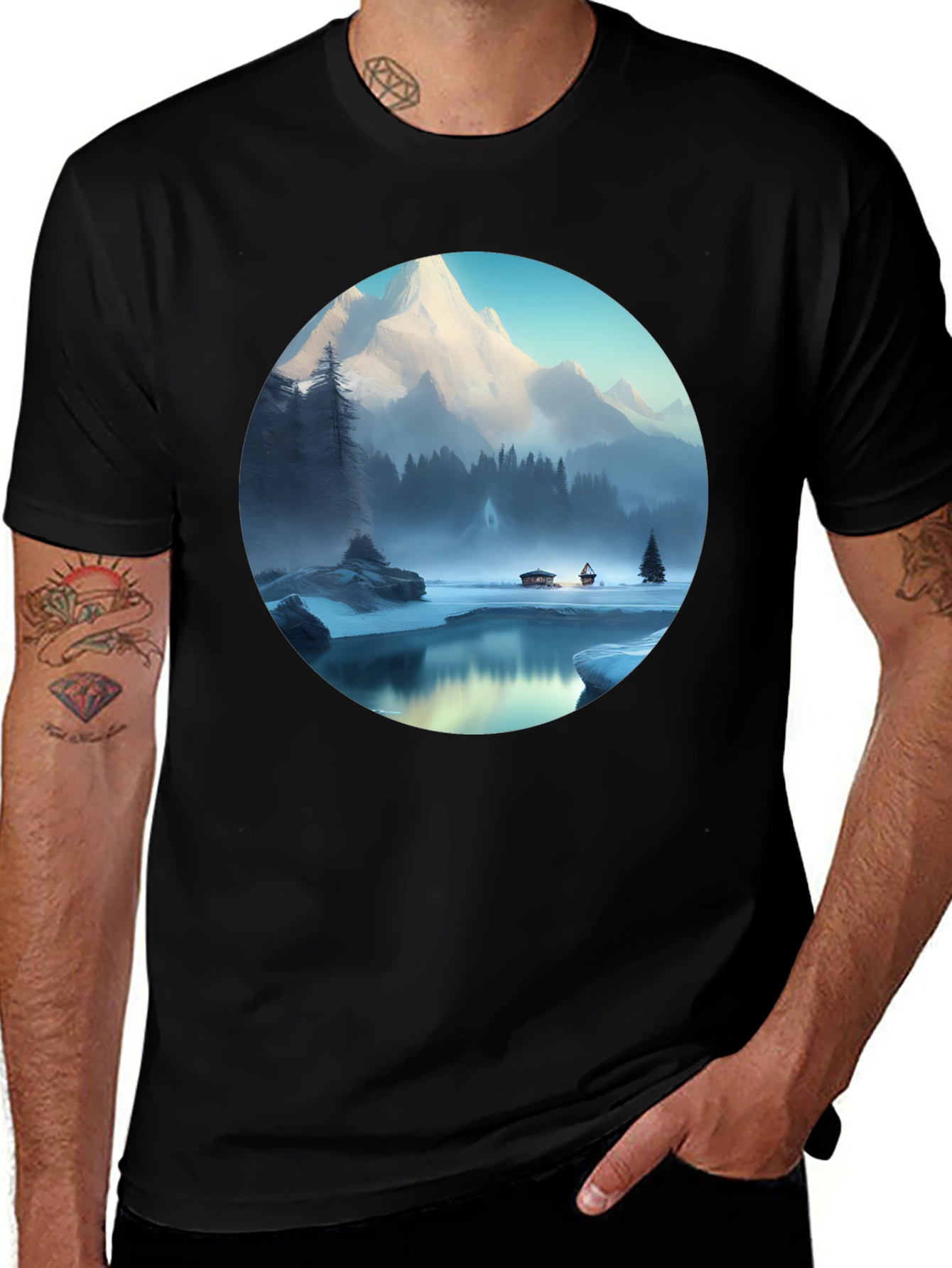 Mountain Lake Graphic Tee - Black Cotton Blend T-Shirt