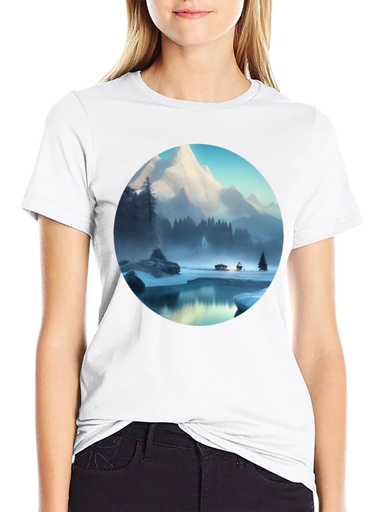 Mountain Lake Graphic Tee - Black Cotton Blend T-Shirt