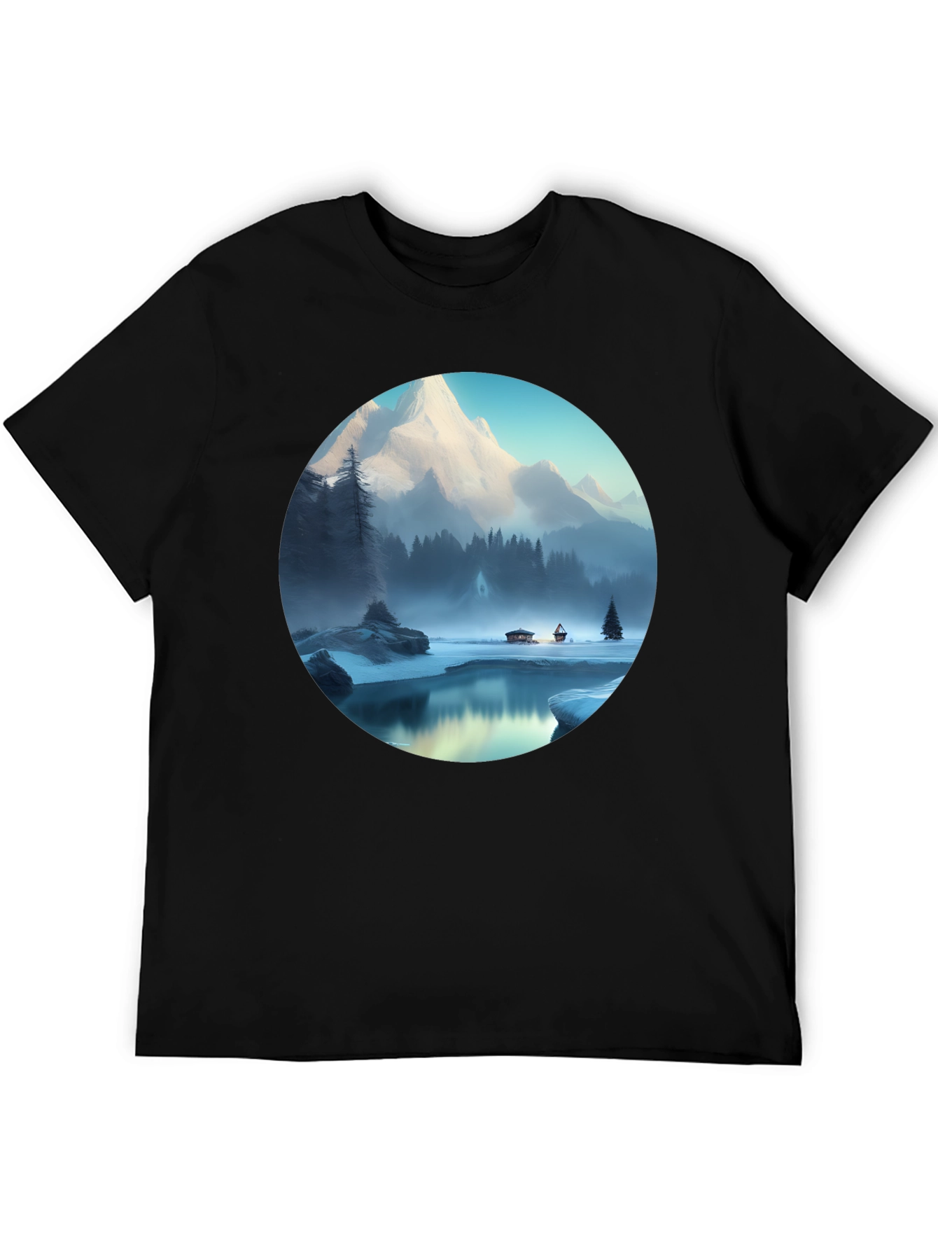 Mountain Lake Graphic Tee - Black Cotton Blend T-Shirt