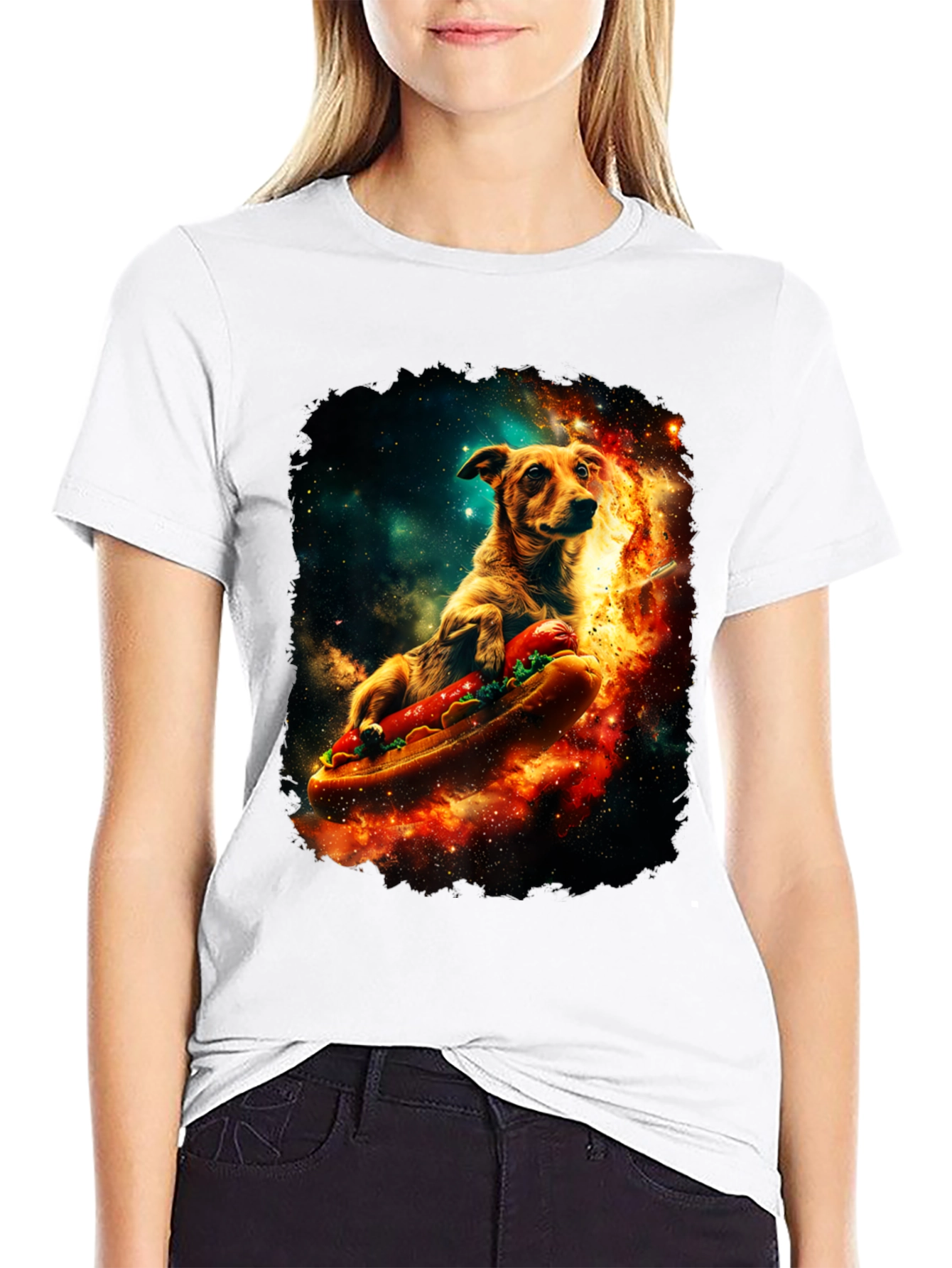Dog Riding Hotdog T-Shirt - Space Design
