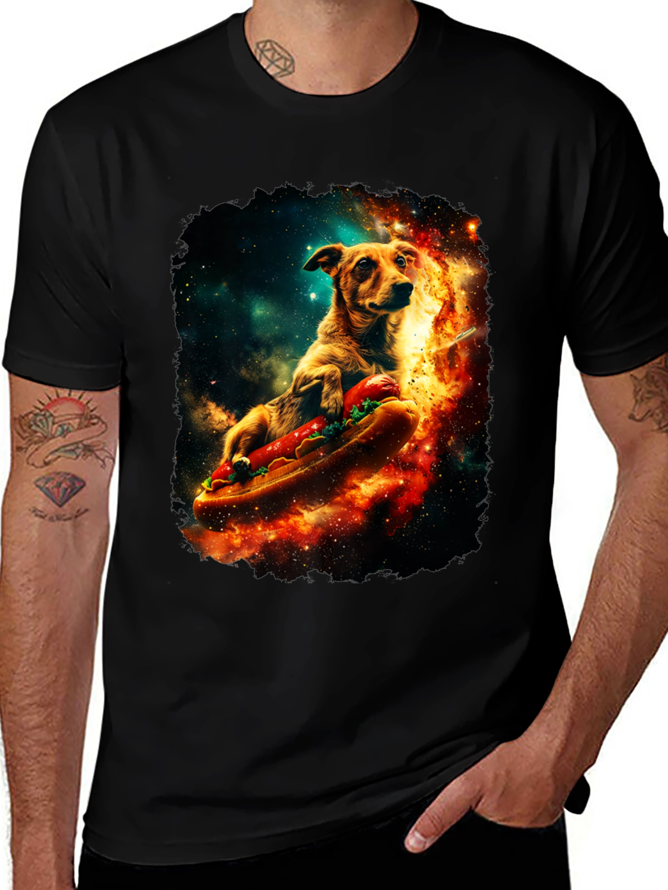 Dog Riding Hotdog T-Shirt - Space Design