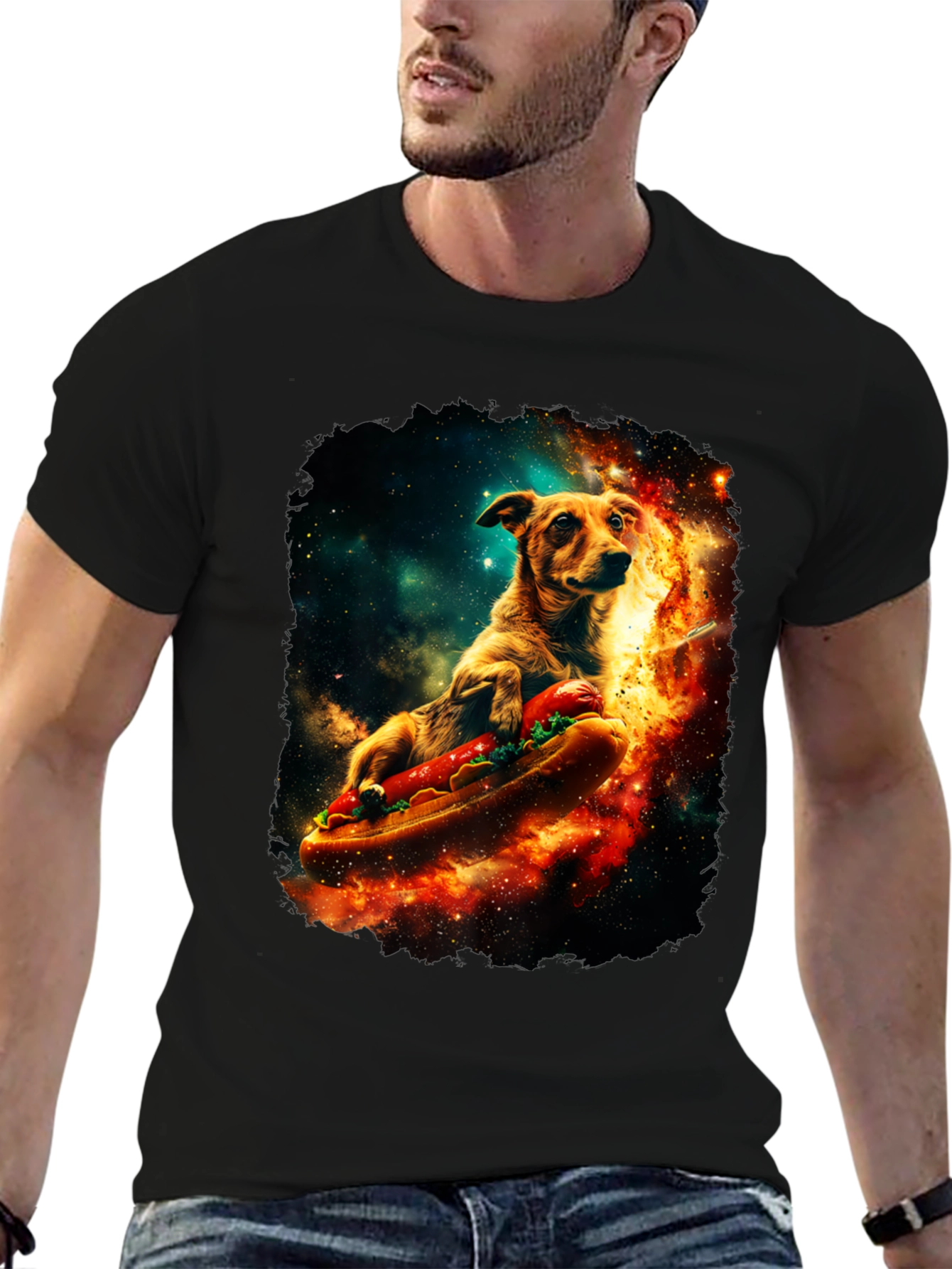 Dog Riding Hotdog T-Shirt - Space Design