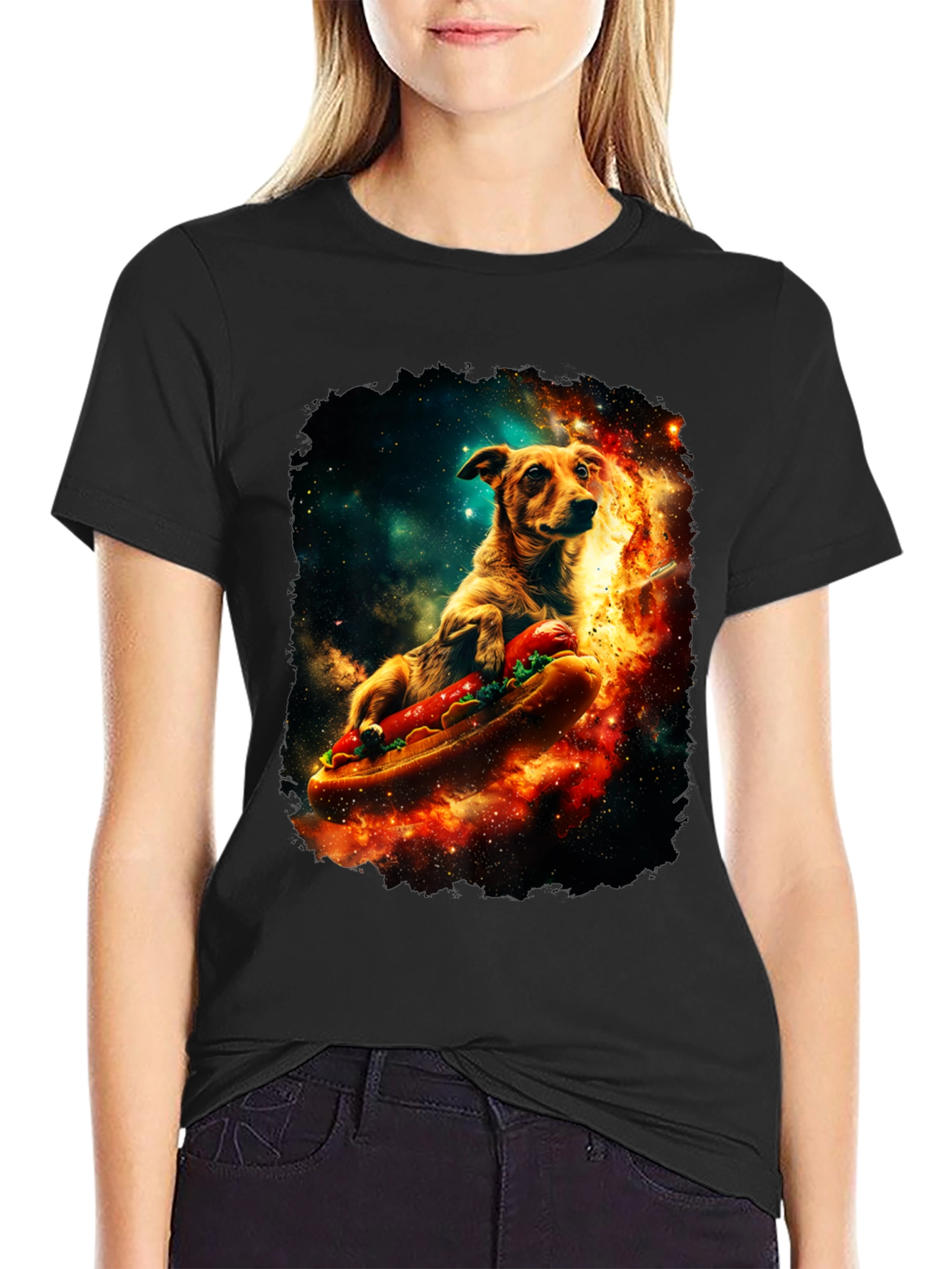 Dog Riding Hotdog T-Shirt - Space Design