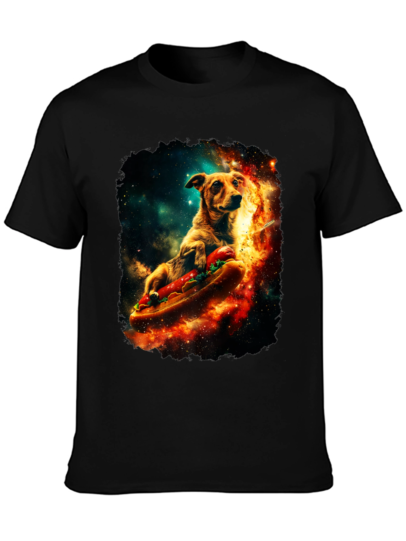 Dog Riding Hotdog T-Shirt - Space Design