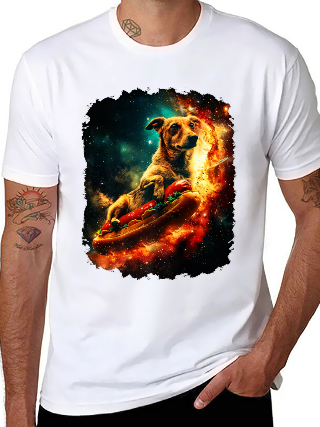 Dog Riding Hotdog T-Shirt - Space Design