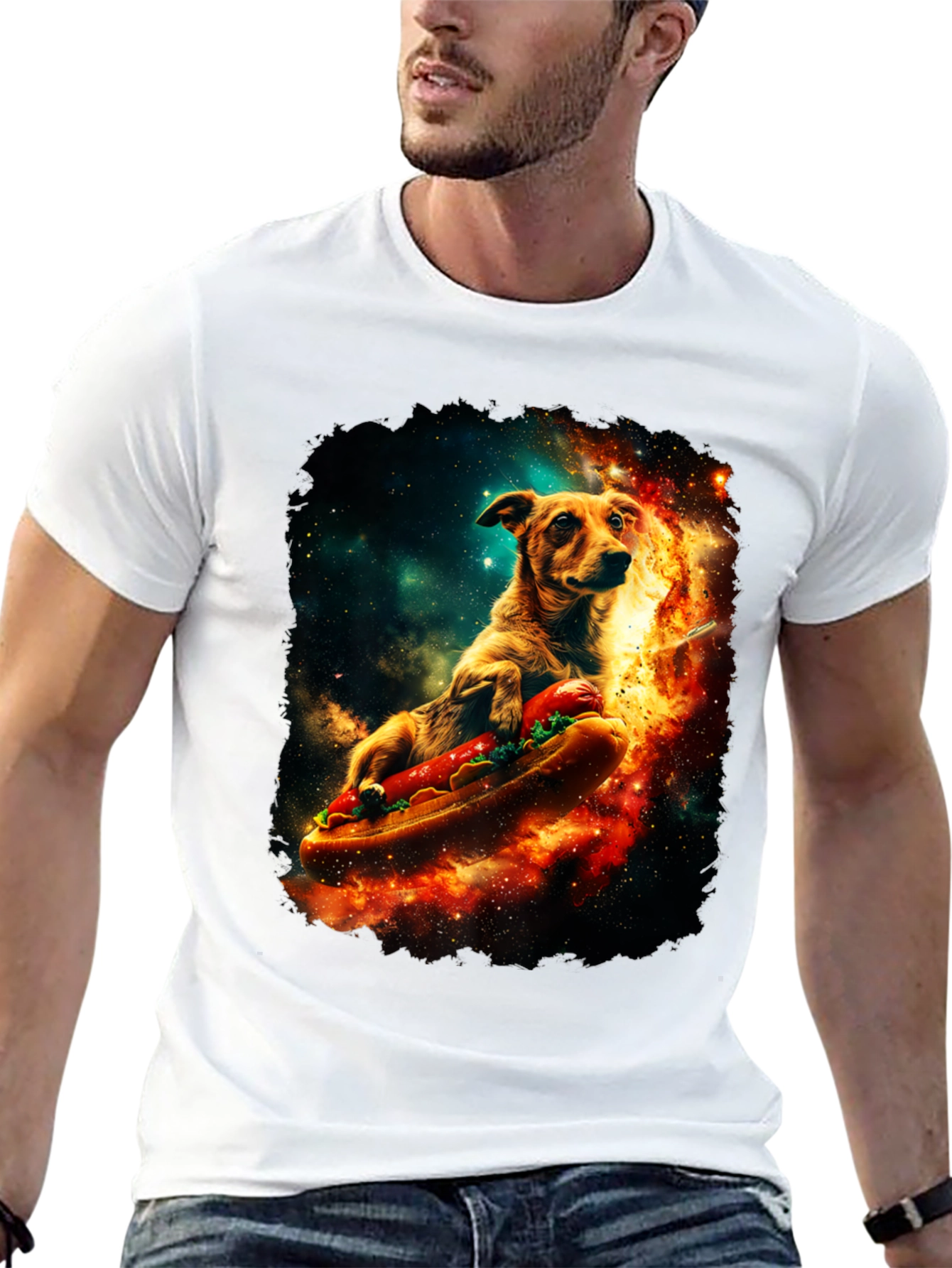Dog Riding Hotdog T-Shirt - Space Design