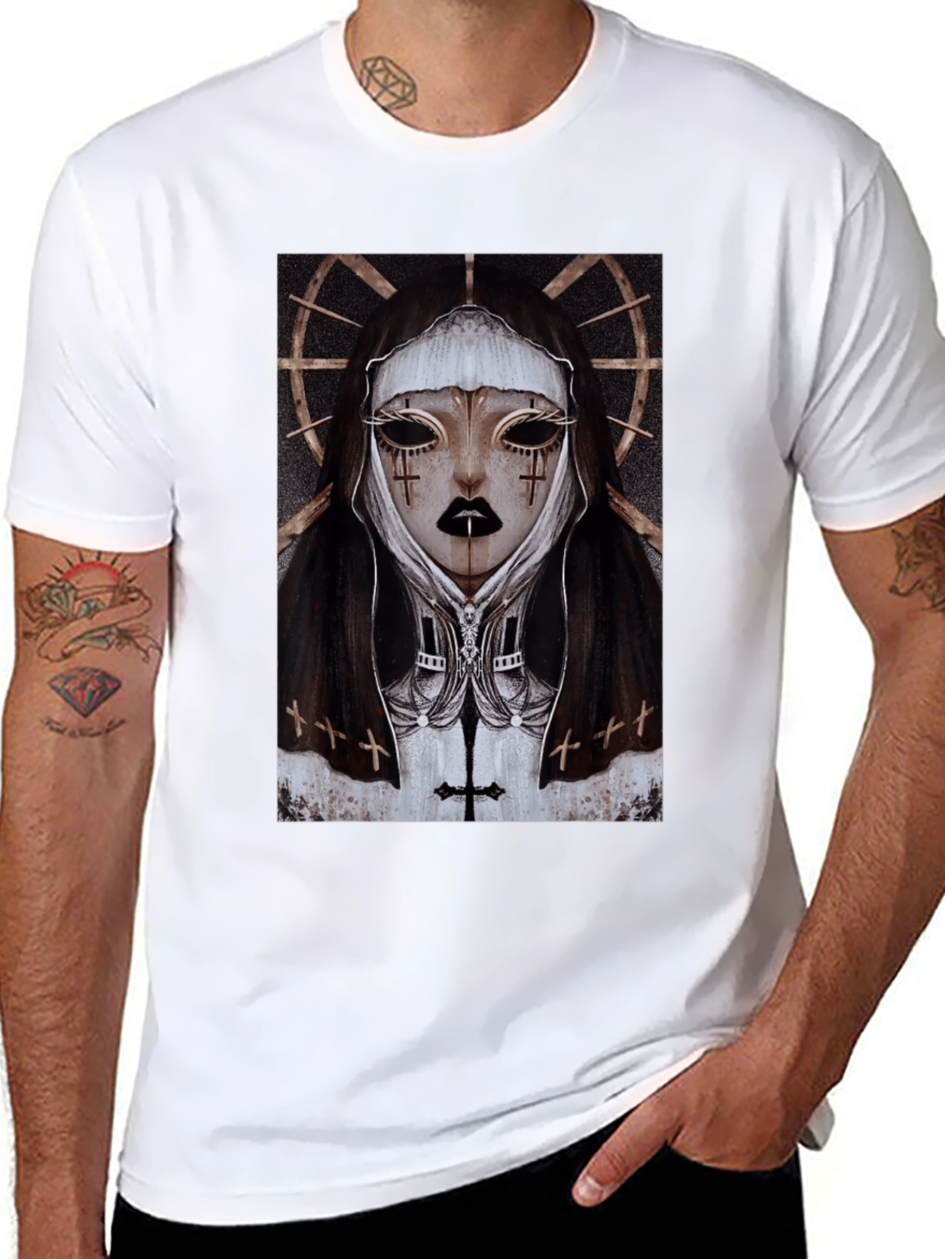 Gothic Nun Graphic Tee - Dark Religious Apparel